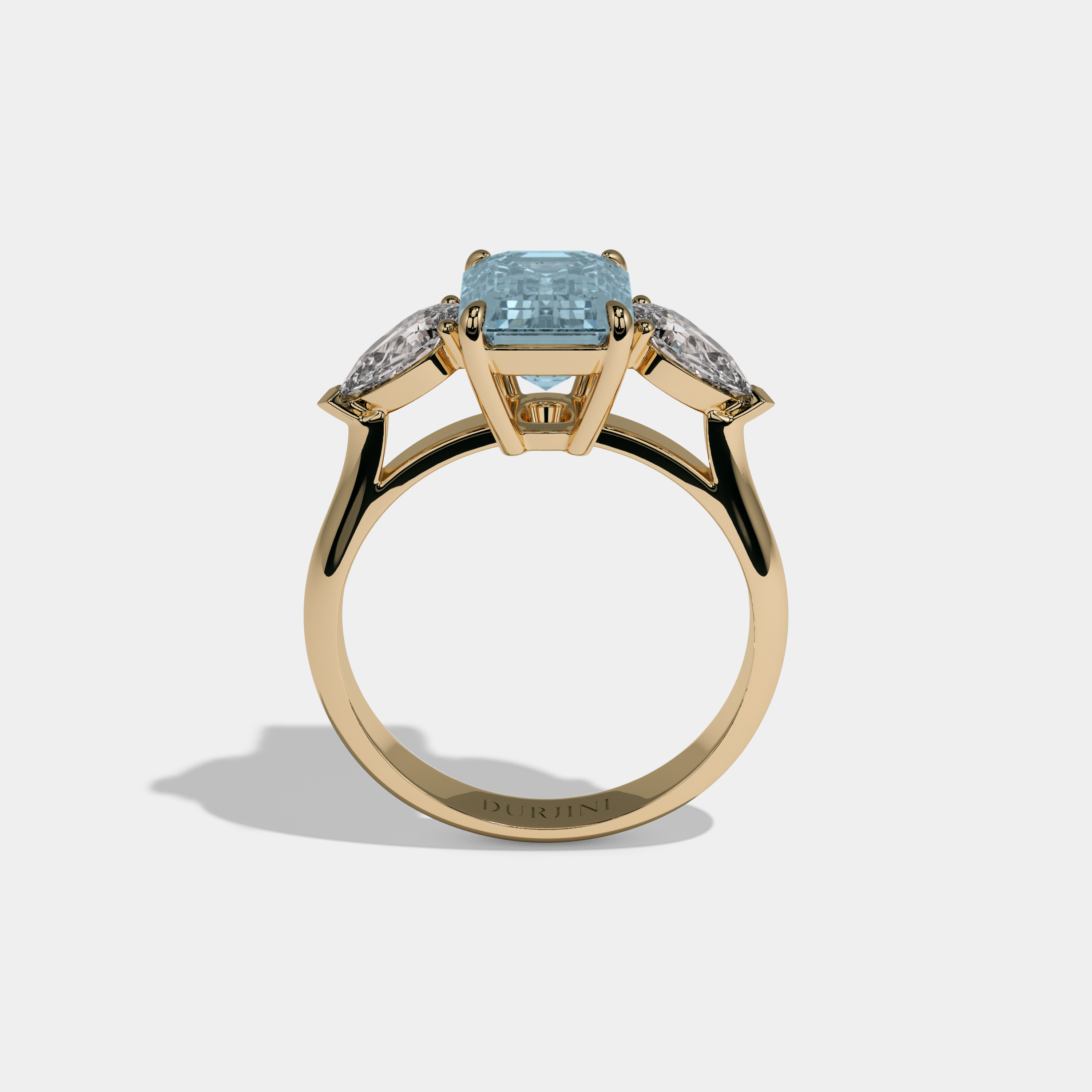 Millicent Fancy Light Blue Emerald Cut Diamond Plain Band With Pear Cut Sides Engagement Ring 6ct 18K Yellow Gold