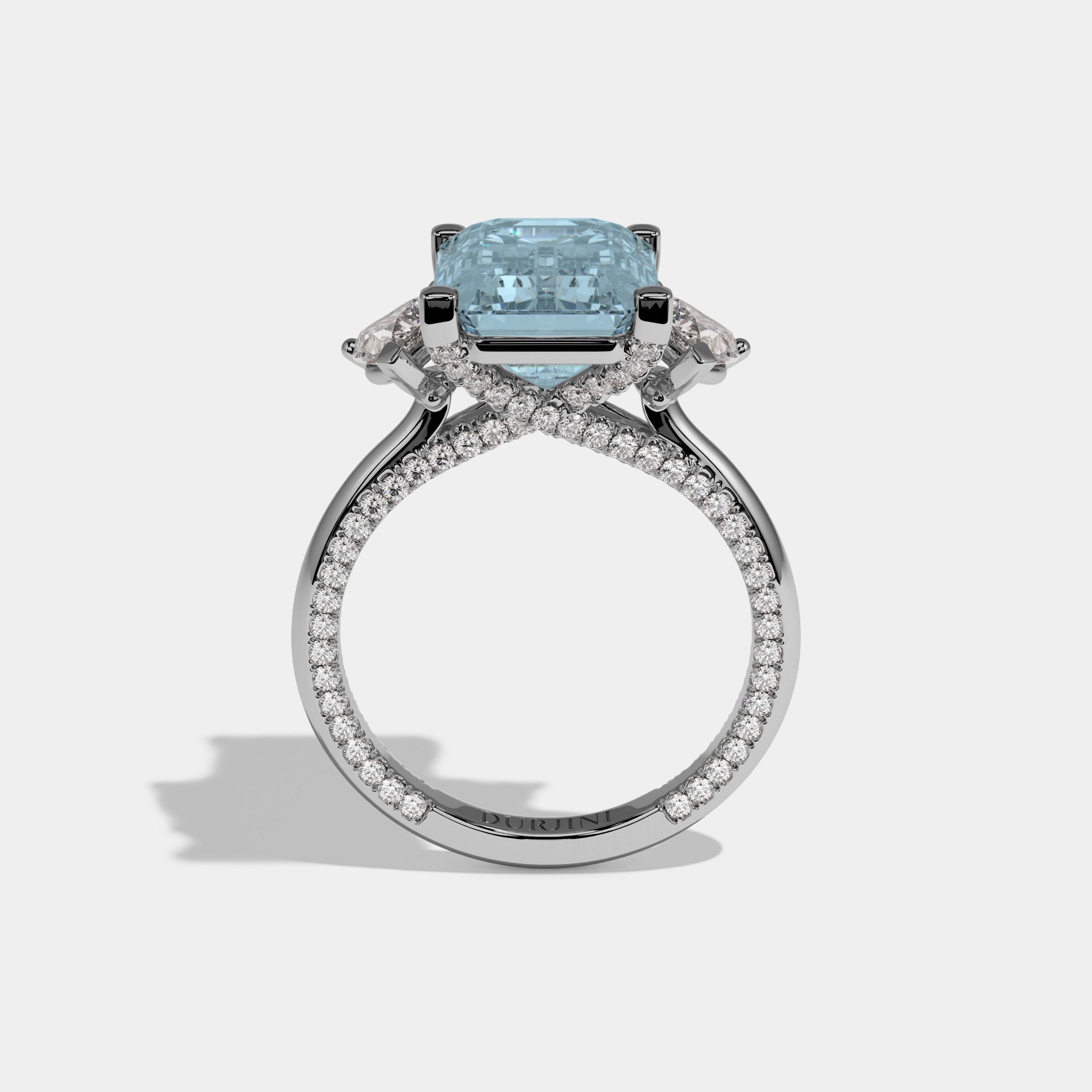 Mary Fancy Light Blue Emerald Cut Diamond Hidden Band Engagement Ring 6ct 18K White Gold
