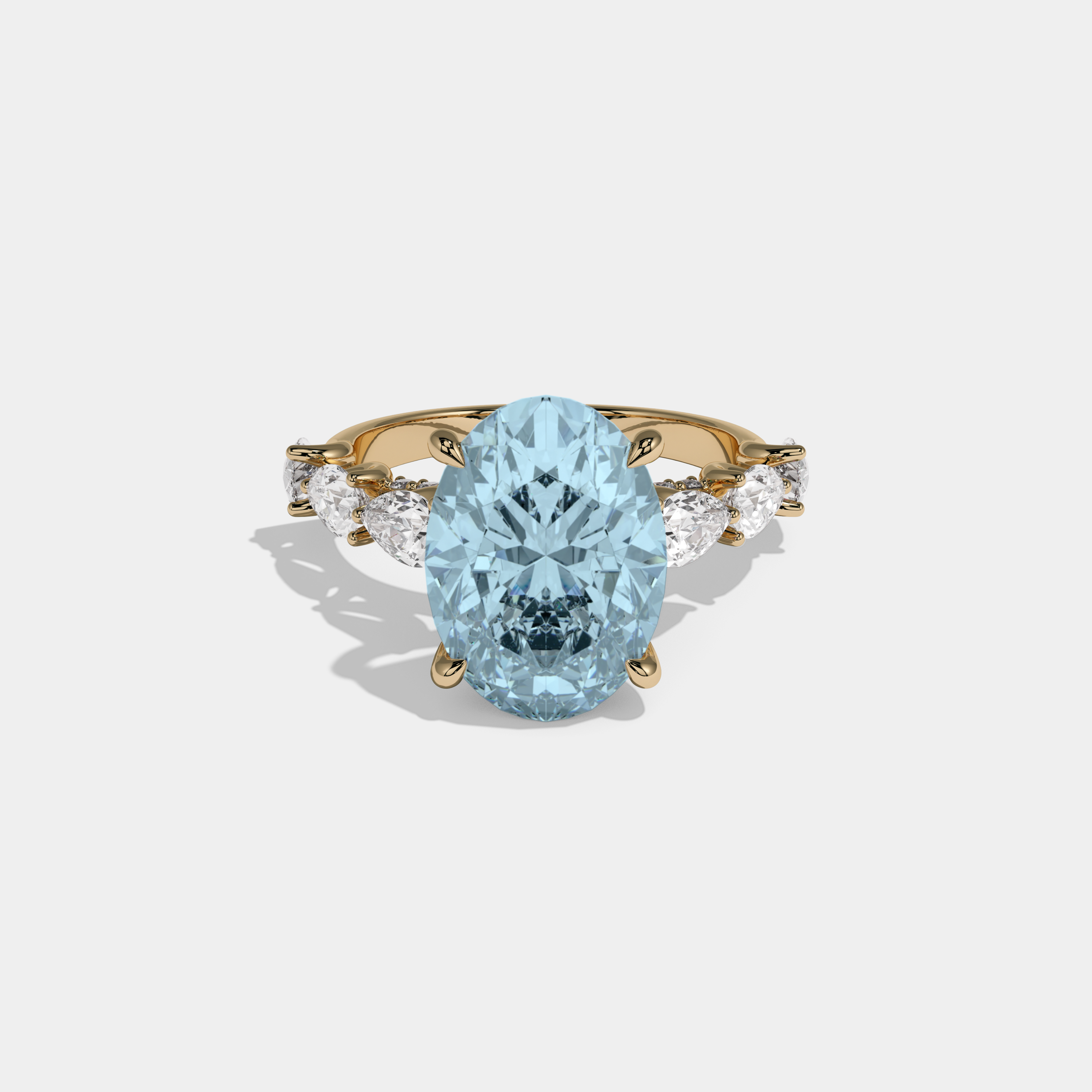 Anne Fancy Light Blue Oval Cut Diamond Band With Pear Cuts Engagement Ring 6ct 18K Yellow Gold