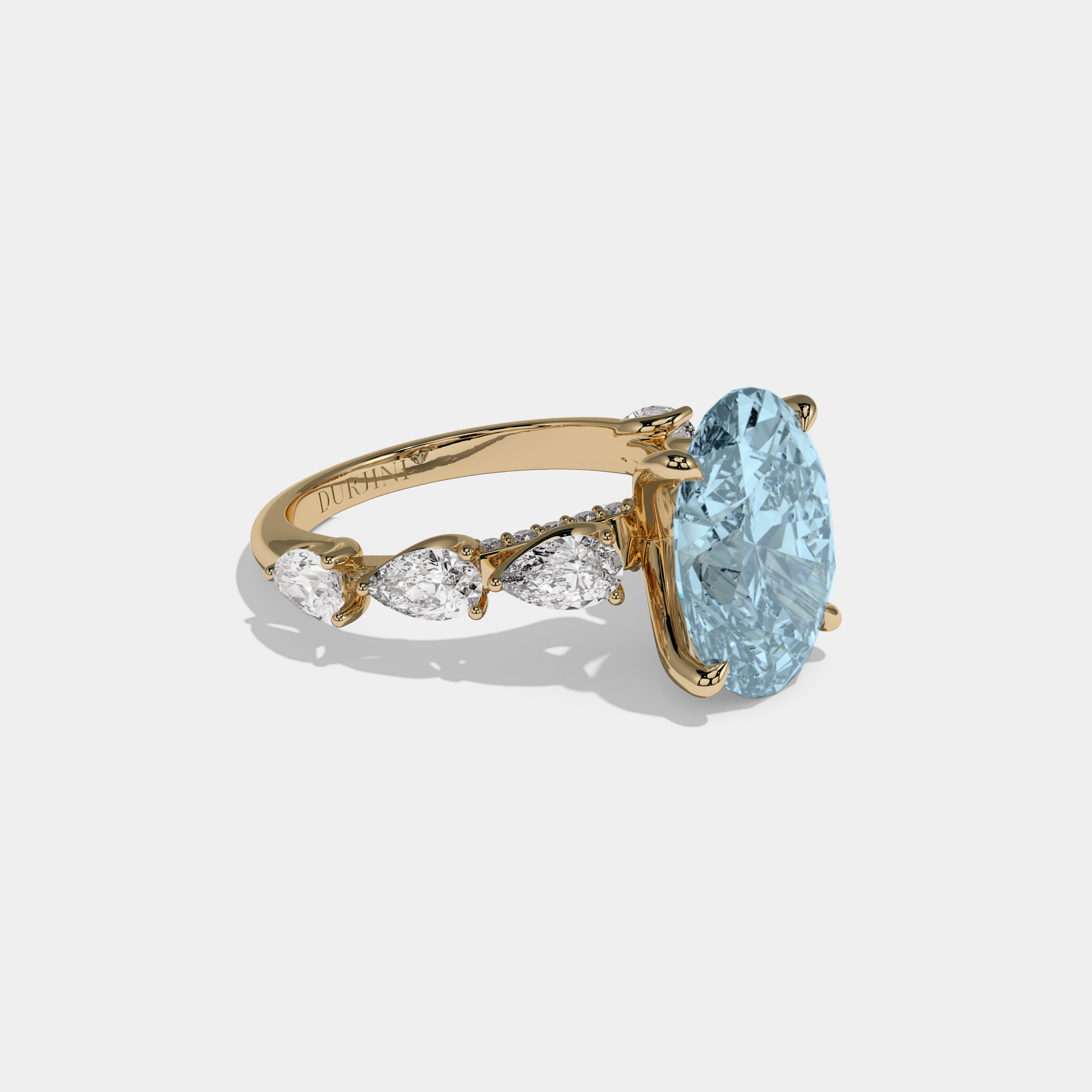 Anne Fancy Light Blue Oval Cut Diamond Band With Pear Cuts Engagement Ring 6ct 18K Yellow Gold