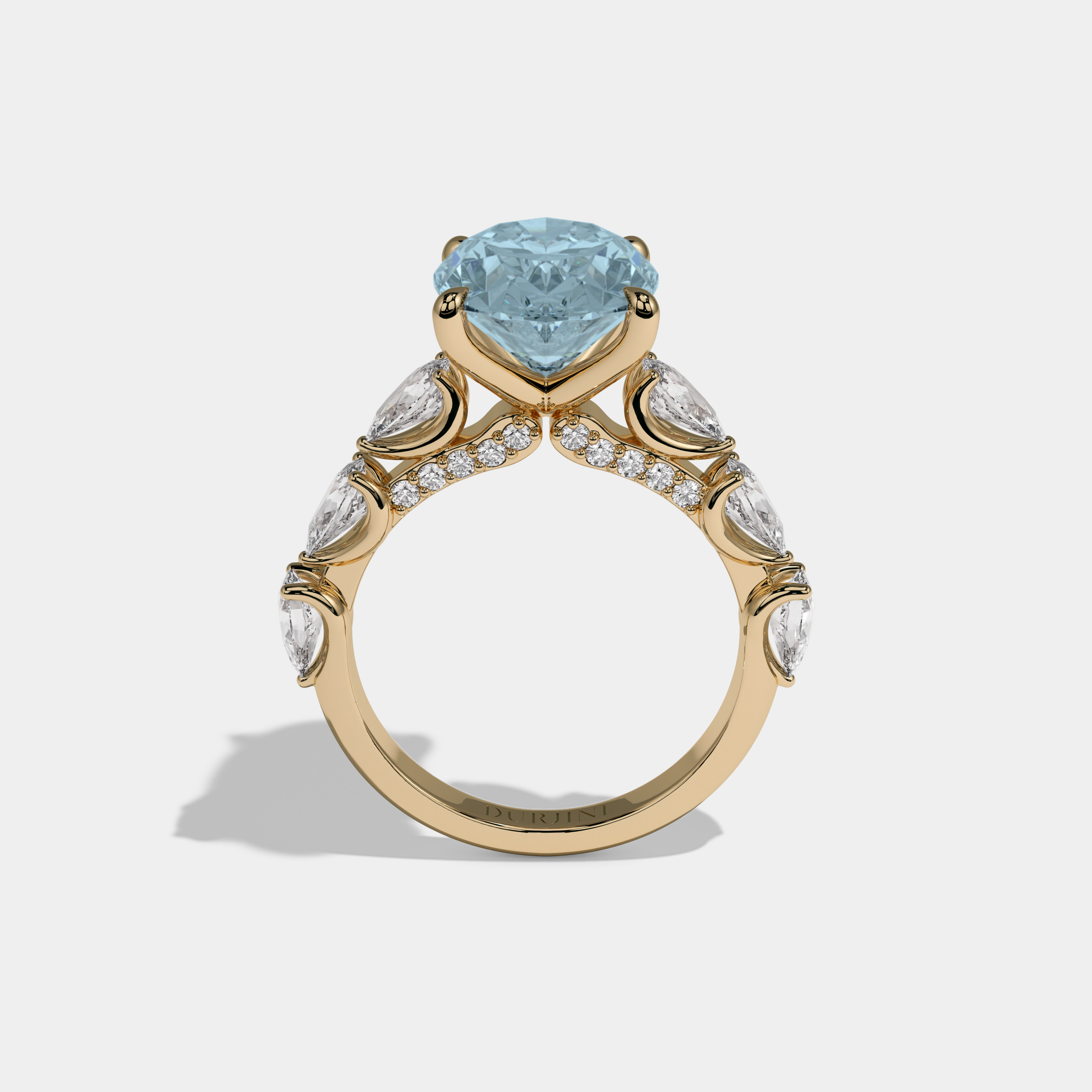 Anne Fancy Light Blue Oval Cut Diamond Band With Pear Cuts Engagement Ring 6ct 18K Yellow Gold