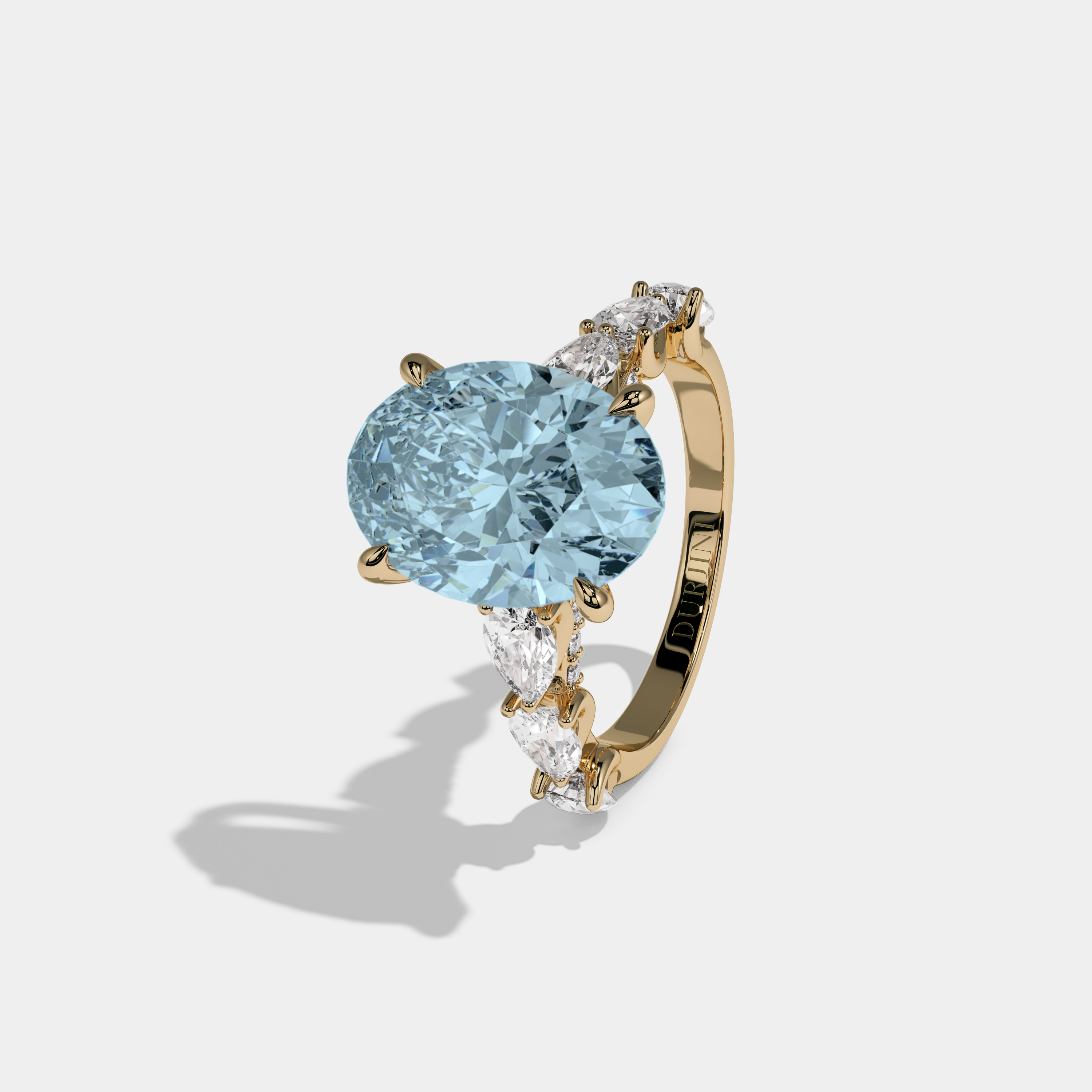 Anne Fancy Light Blue Oval Cut Diamond Band With Pear Cuts Engagement Ring 6ct 18K Yellow Gold