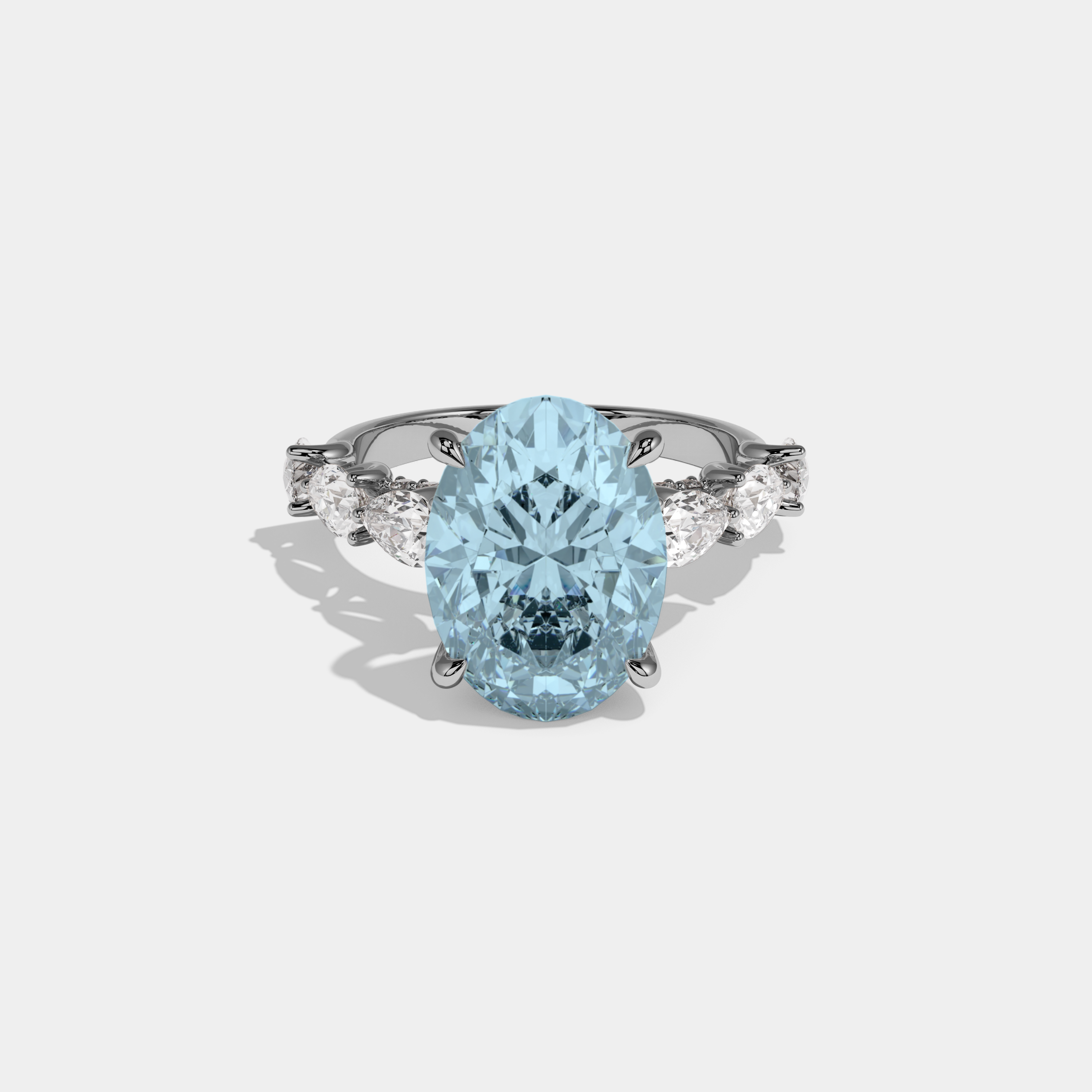 Margaret Fancy Light Blue Oval Cut Diamond Band With Pear Cuts Engagement Ring 6ct 18K White Gold