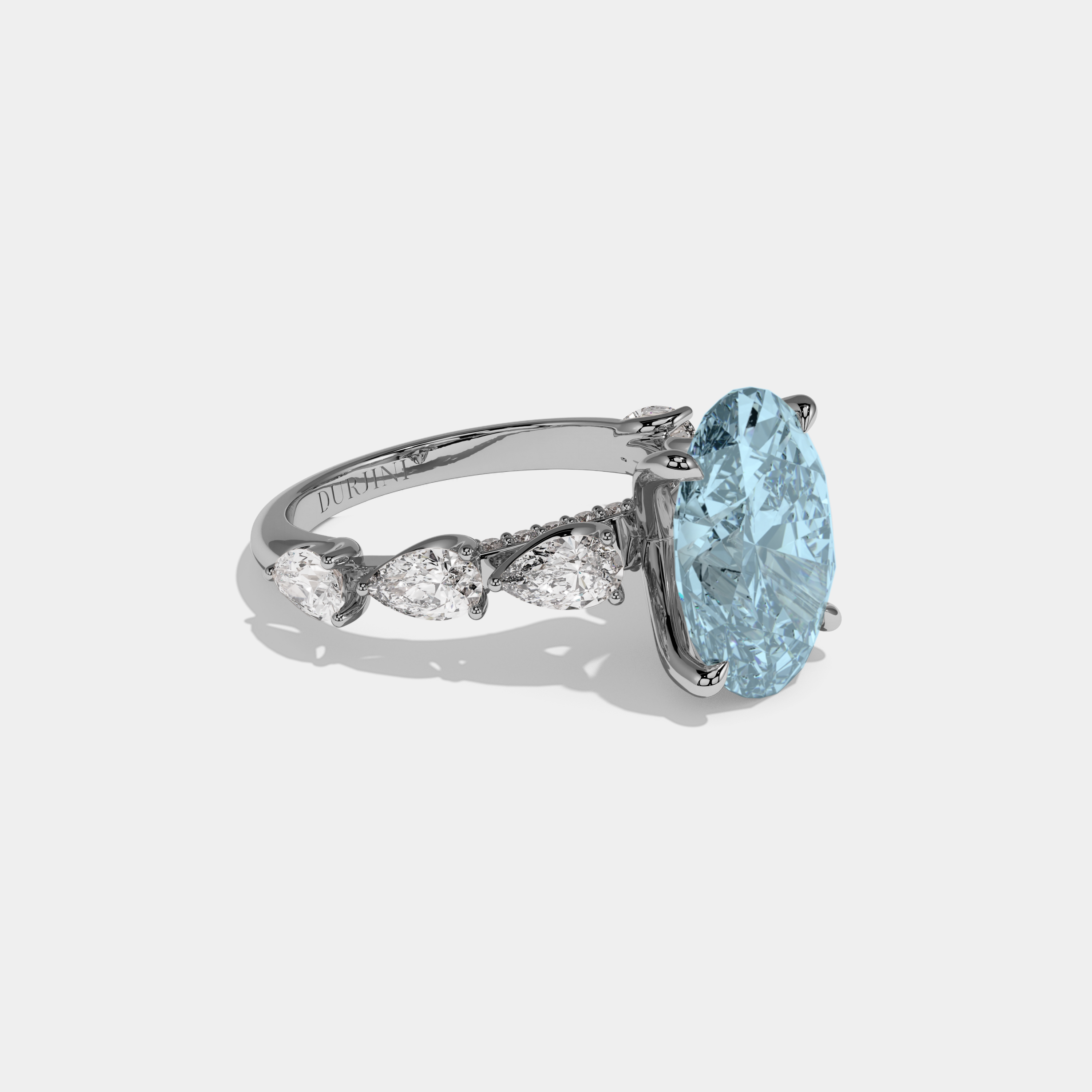 Margaret Fancy Light Blue Oval Cut Diamond Band With Pear Cuts Engagement Ring 6ct 18K White Gold