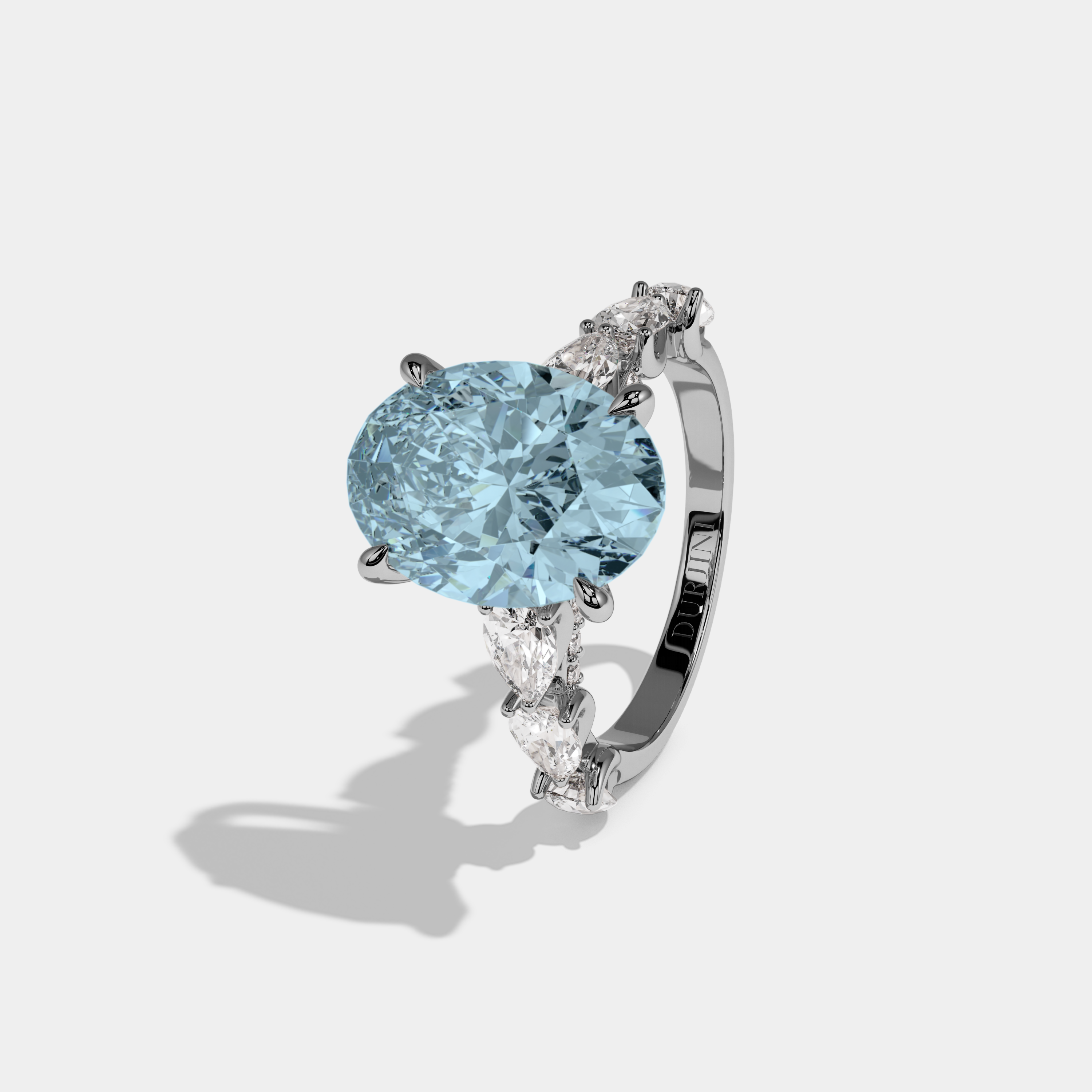 Margaret Fancy Light Blue Oval Cut Diamond Band With Pear Cuts Engagement Ring 6ct 18K White Gold