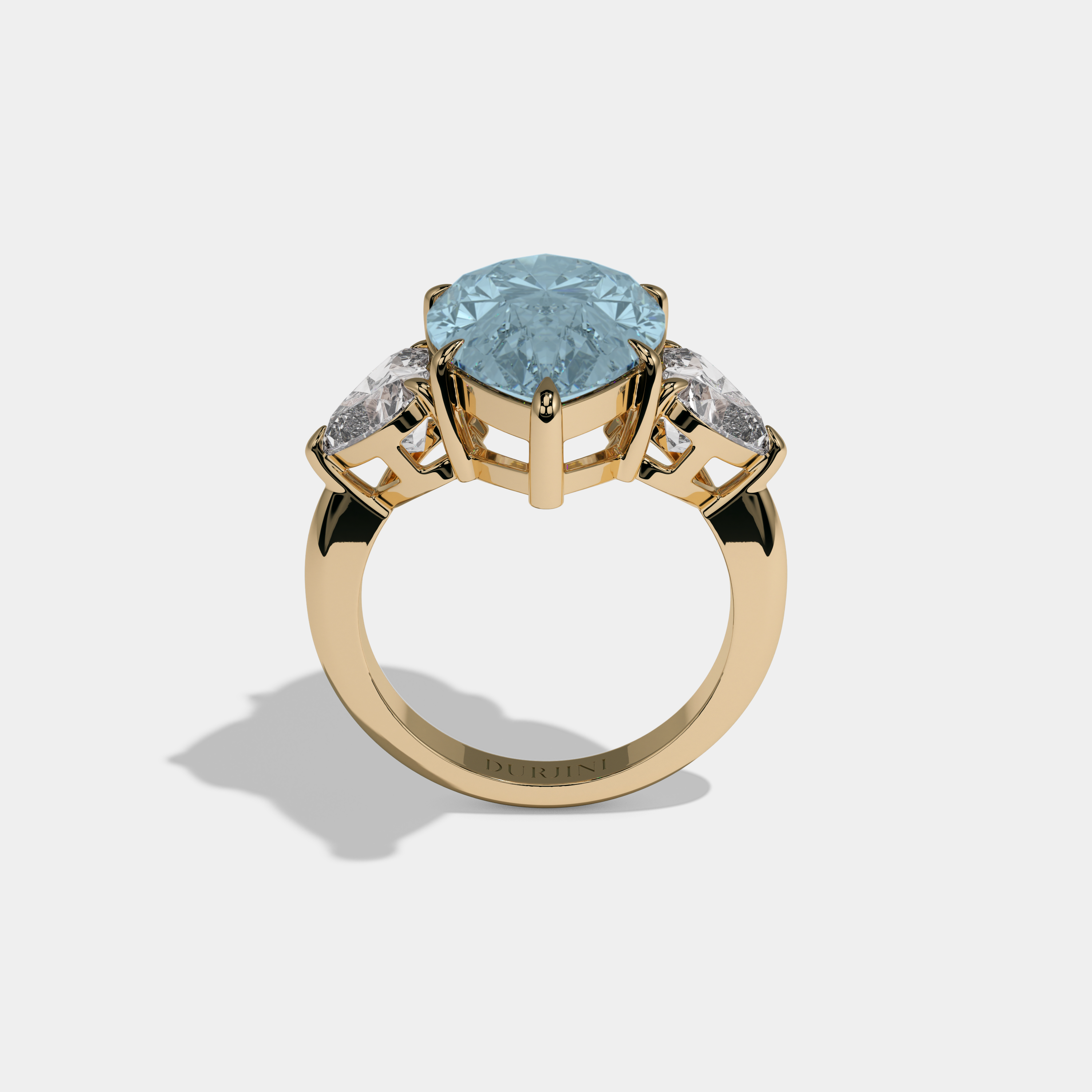 Anne Fancy Light Blue Pear Cut Diamond Plain Band With Heart Cut Sides Engagement Ring 6ct 18K Yellow Gold