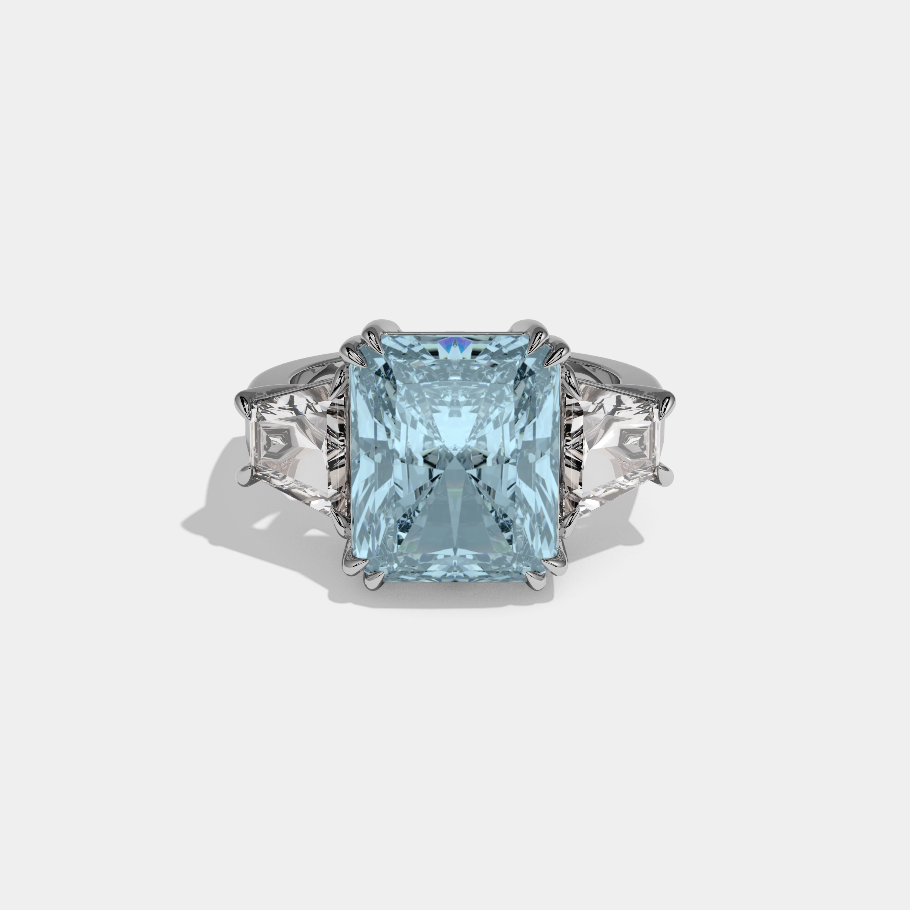 Margaret Fancy Light Blue Radiant Cut Diamond Plain Band With Trapezoid Sides Engagement Ring 7ct 18K White Gold