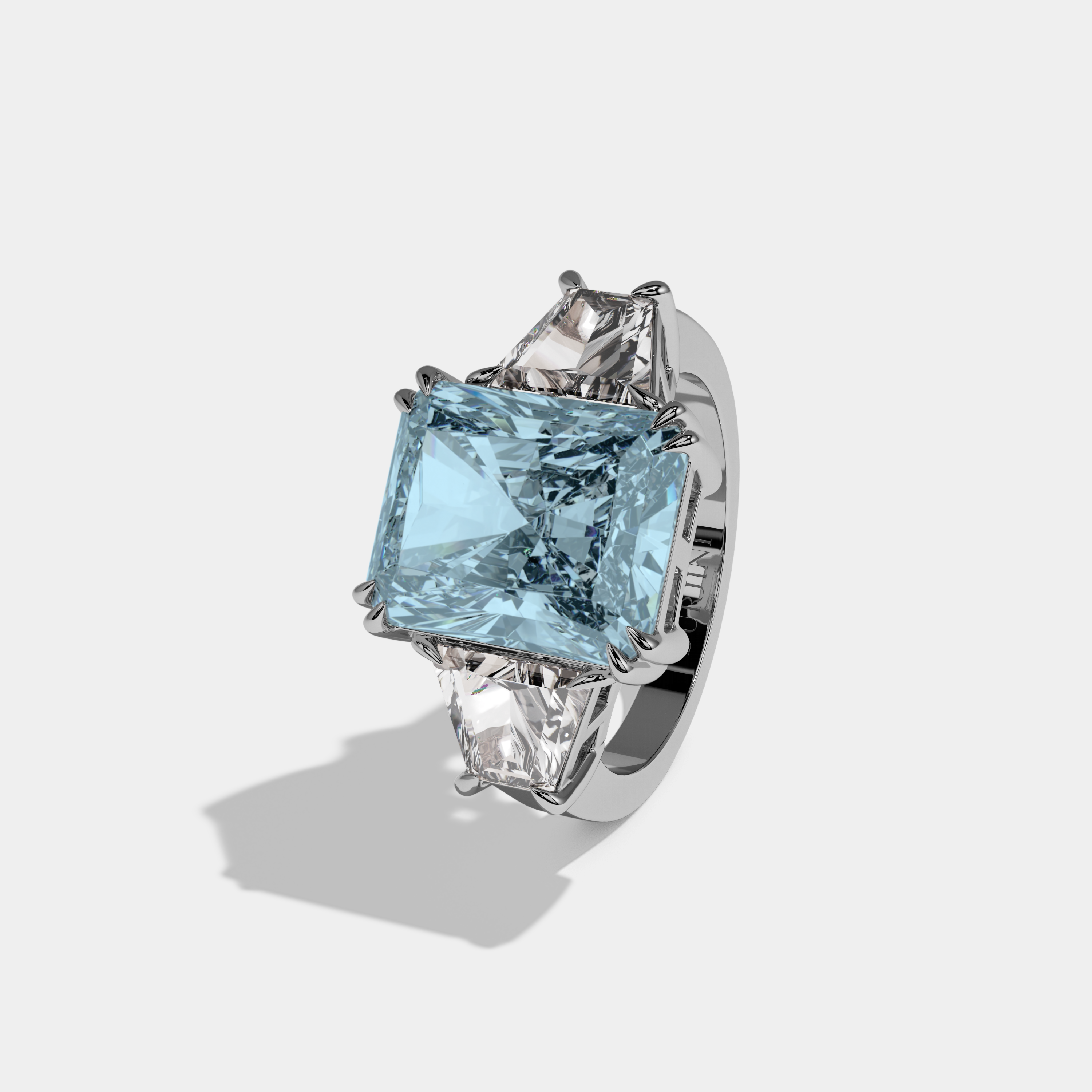 Margaret Fancy Light Blue Radiant Cut Diamond Plain Band With Trapezoid Sides Engagement Ring 7ct 18K White Gold