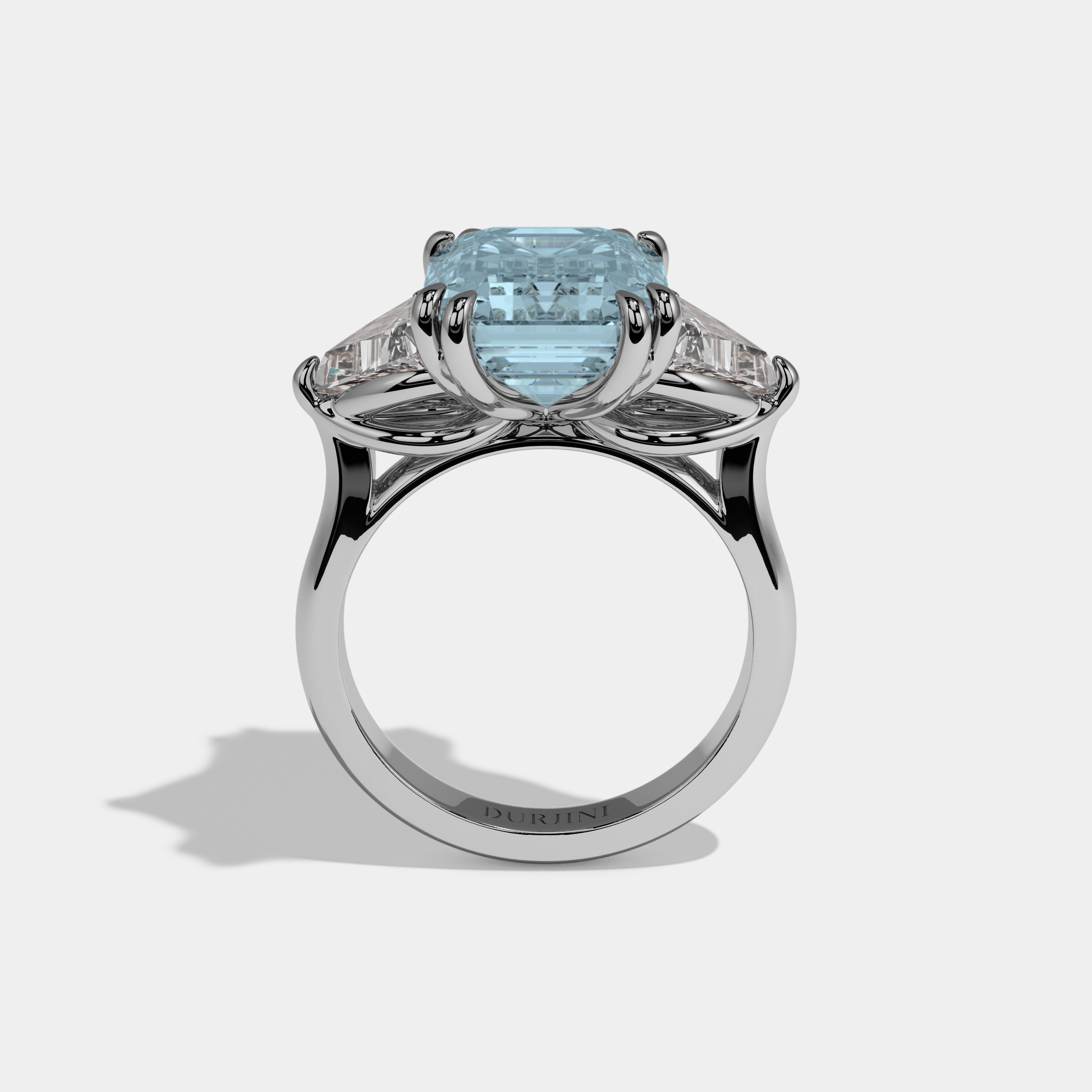 Diana Fancy Light Blue Emerald Cut Diamond Plain Band With Triangle Cuts Engagement Ring 6.5ct 18K White Gold