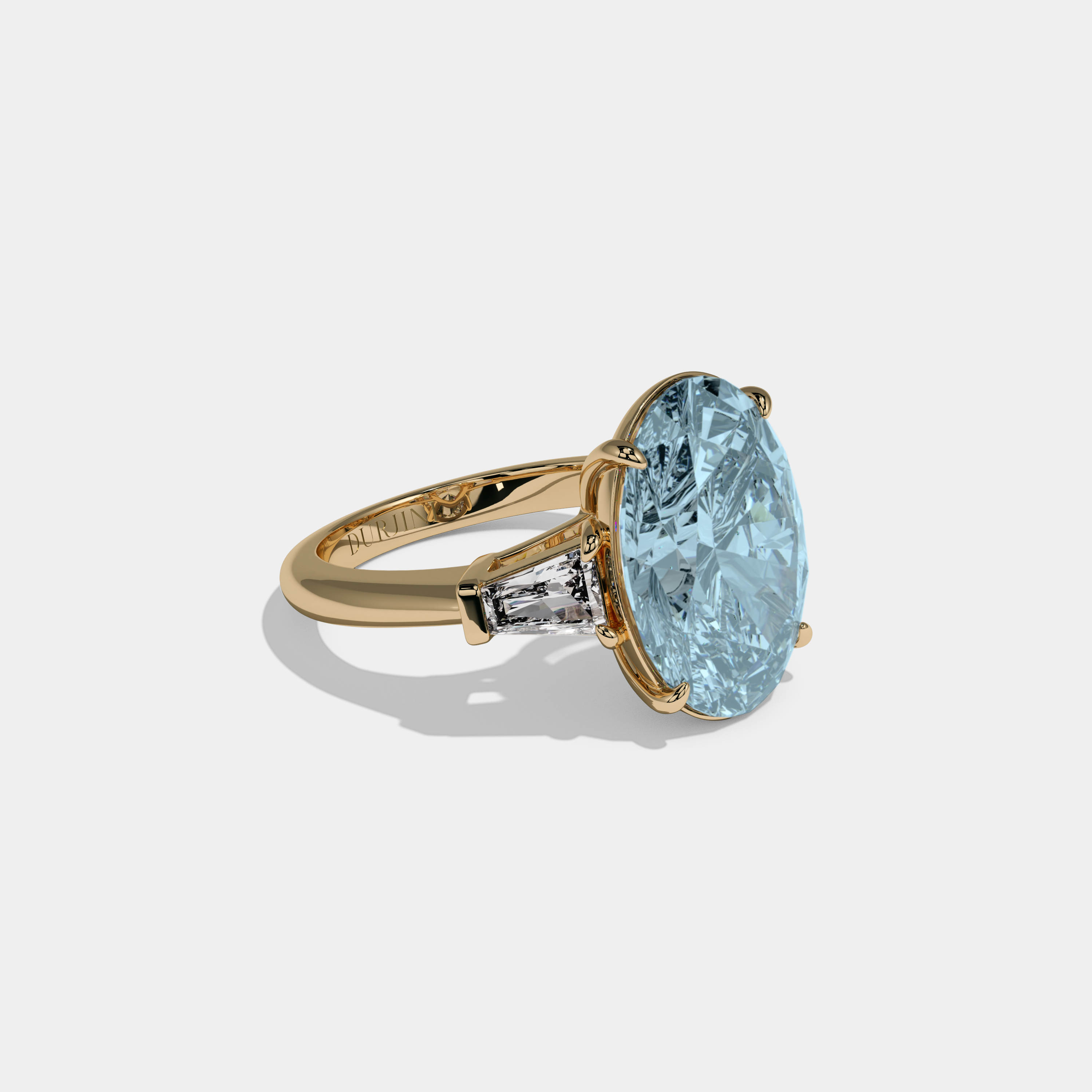 Mary Fancy Light Blue Oval Cut Diamond Plain Band With Tapered Baguette Cut Sides Engagement Ring 8ct 18K Yellow Gold