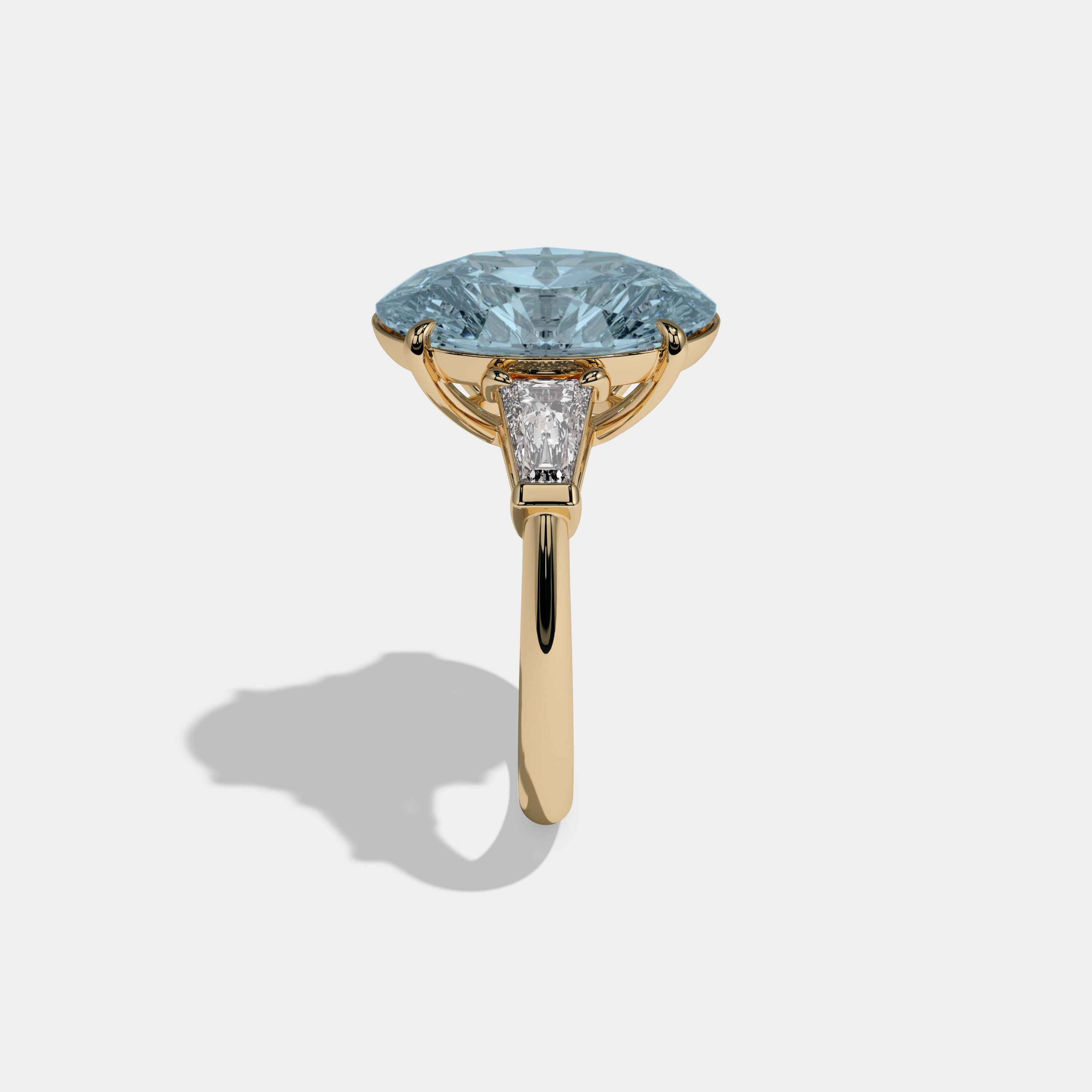 Mary Fancy Light Blue Oval Cut Diamond Plain Band With Tapered Baguette Cut Sides Engagement Ring 8ct 18K Yellow Gold