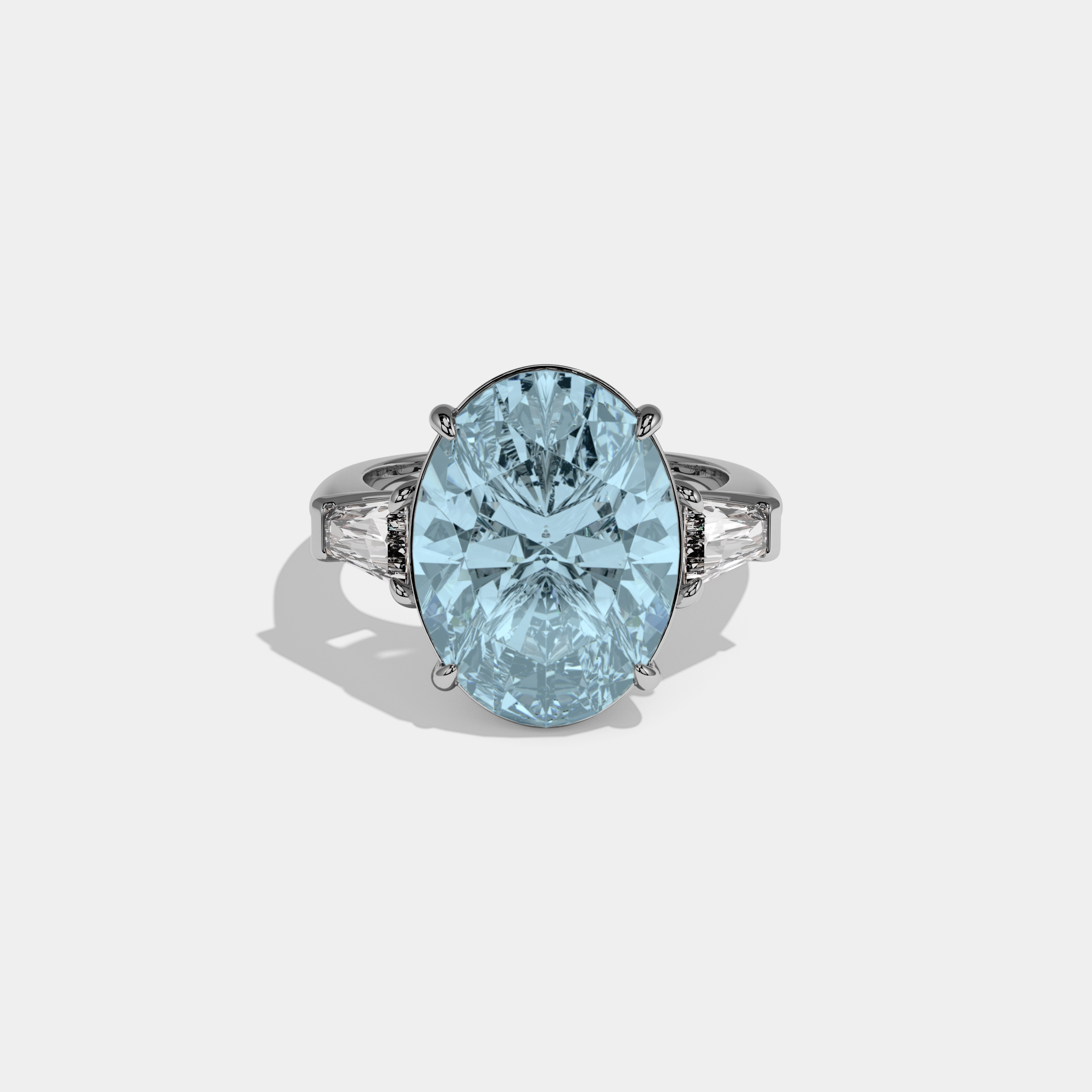 Diana Fancy Light Blue Oval Cut Diamond Plain Band With Tapered Baguette Cut Sides Engagement Ring 8ct 18K White Gold