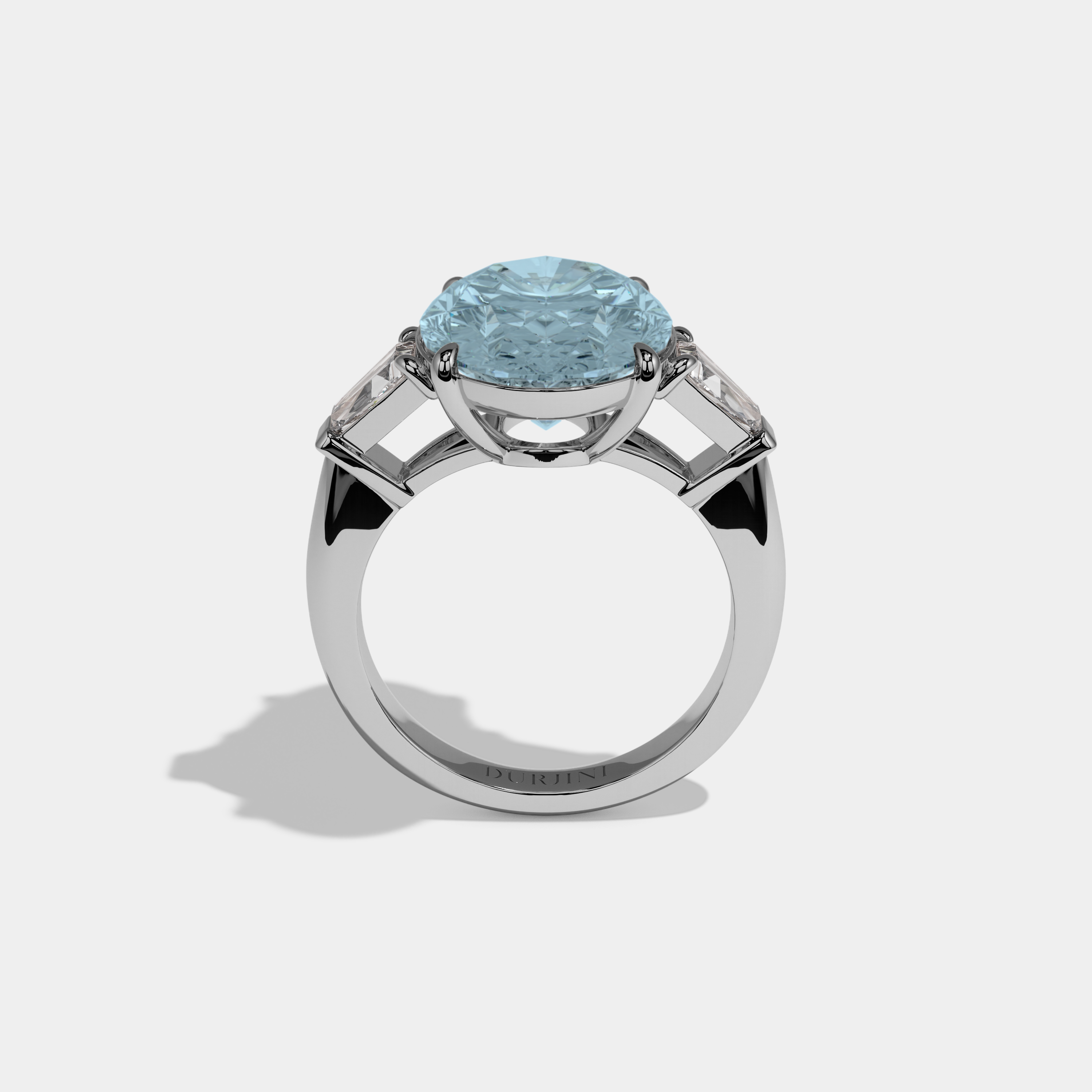 Diana Fancy Light Blue Oval Cut Diamond Plain Band With Tapered Baguette Cut Sides Engagement Ring 8ct 18K White Gold