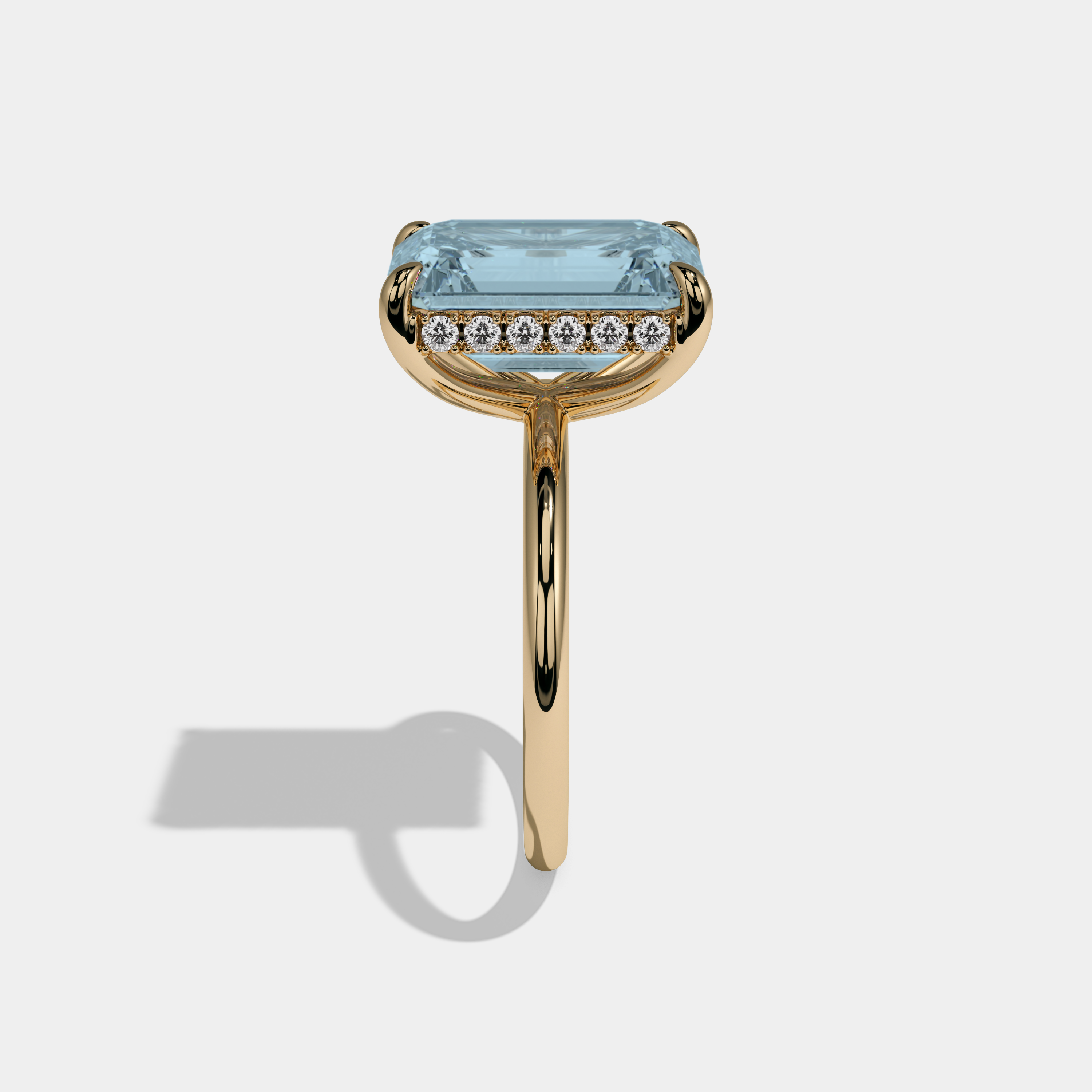 Sophia Fancy Light Blue Emerald Brilliant Cut Diamond Plain Band With Hidden Halo 6.5ct 18K Yellow Gold