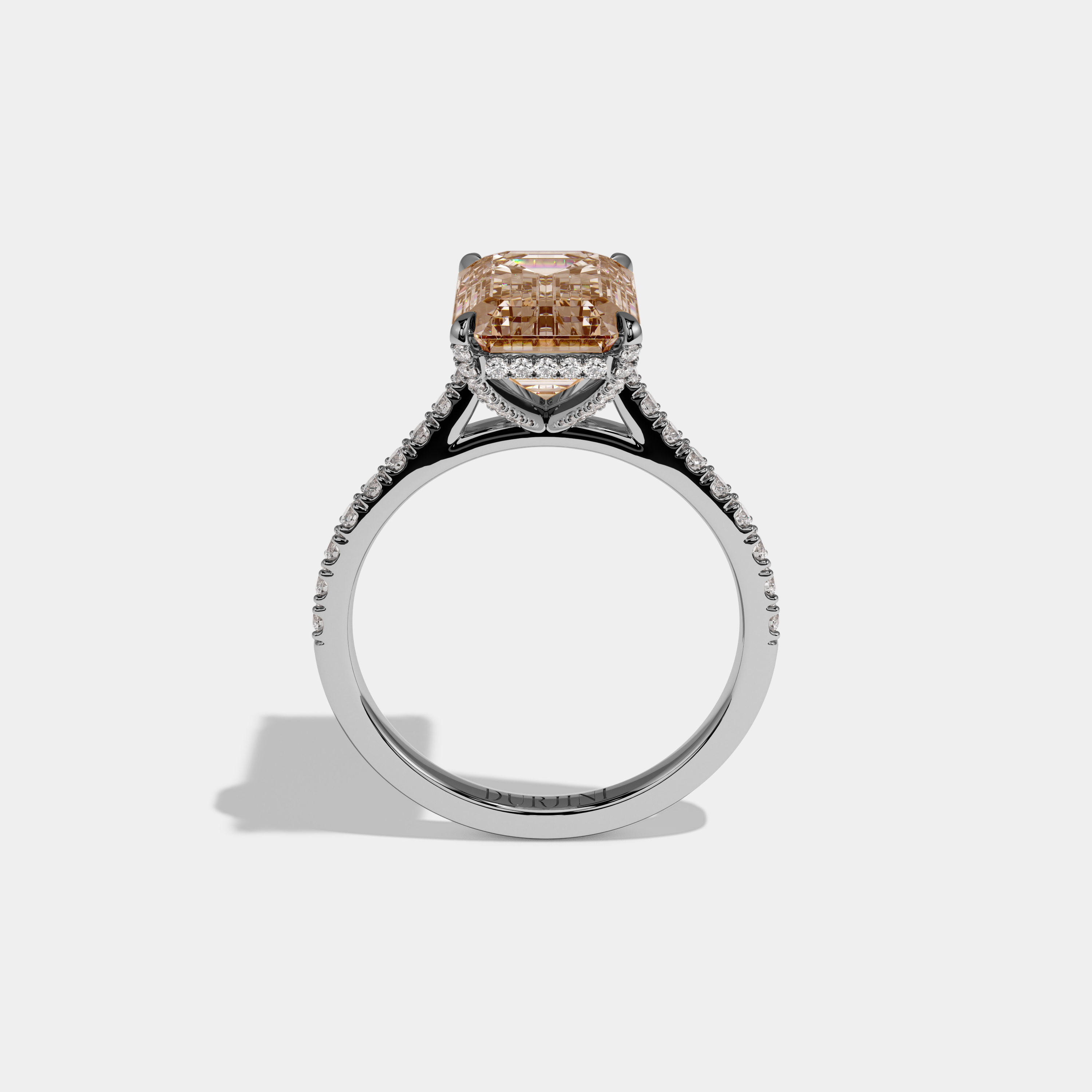 Caroline Fancy Champagne Brown Emerald Cut Diamond Band Engagement Ring 8ct 18k White Gold