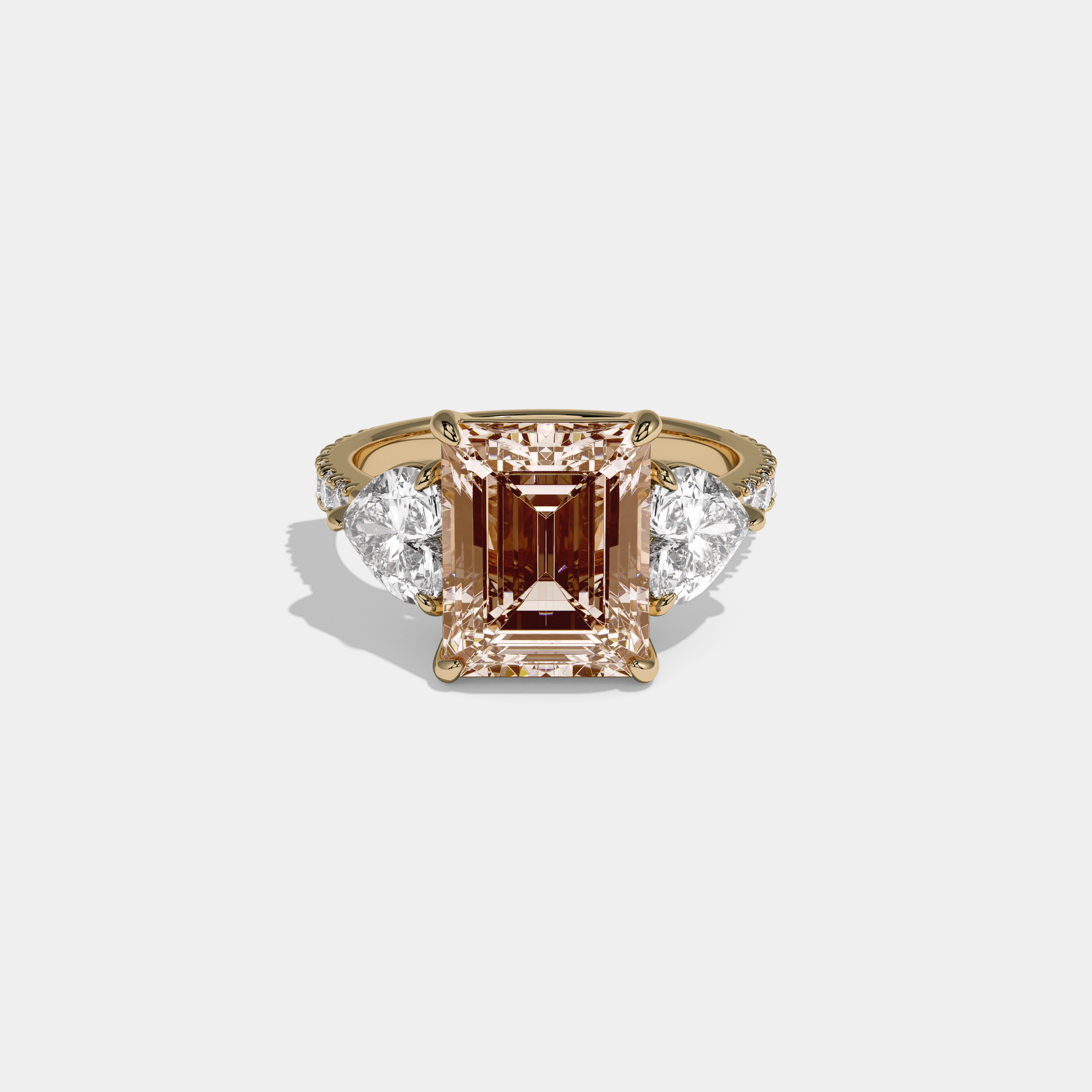 Catherine Fancy Champagne Brown Emerald Cut Diamond Band With Heart Cut Sides Engagement Ring 8ct 18K Yellow Gold