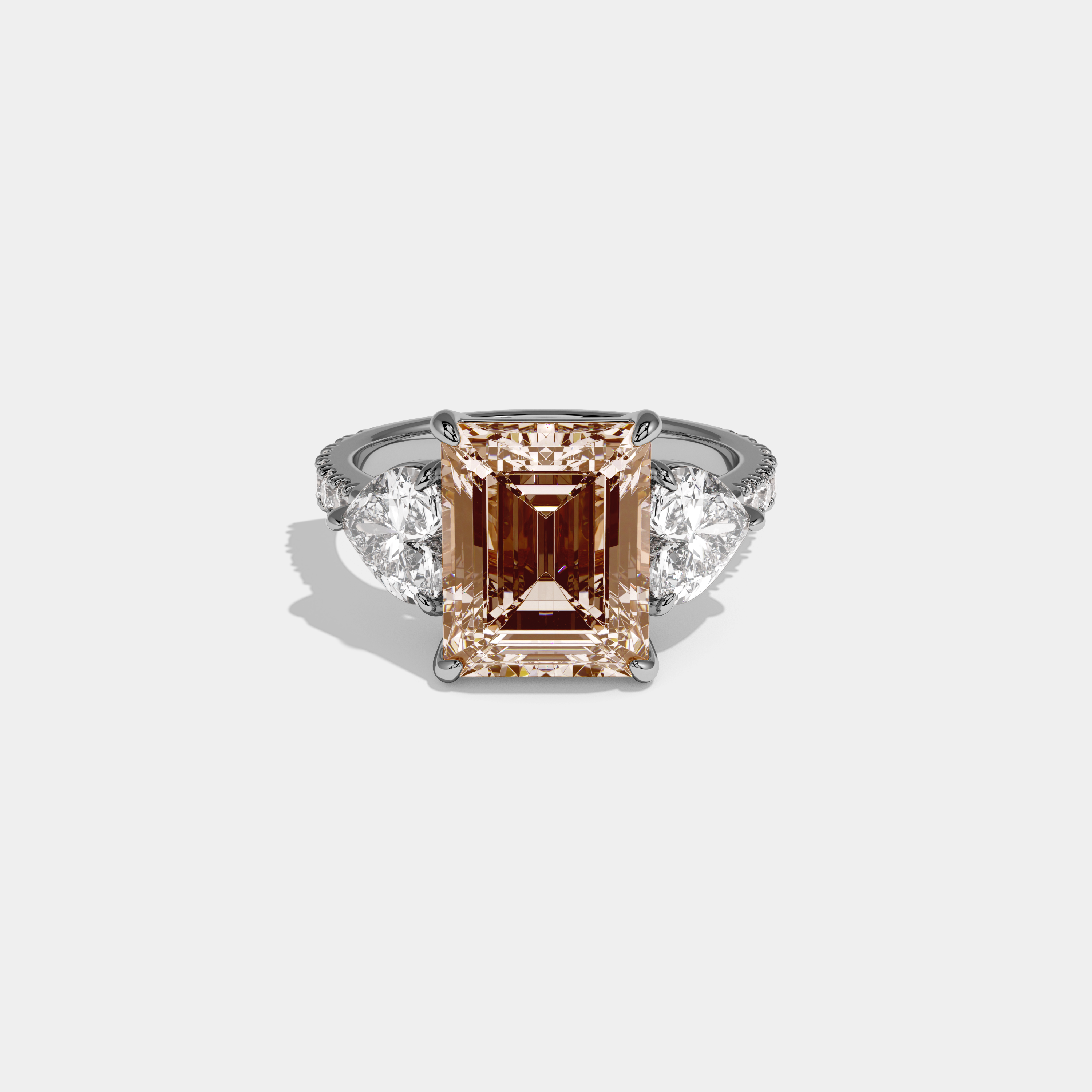 Louisa Fancy Champagne Brown Emerald Cut Diamond Band With Heart Cut Sides Engagement Ring 8ct 18K White Gold