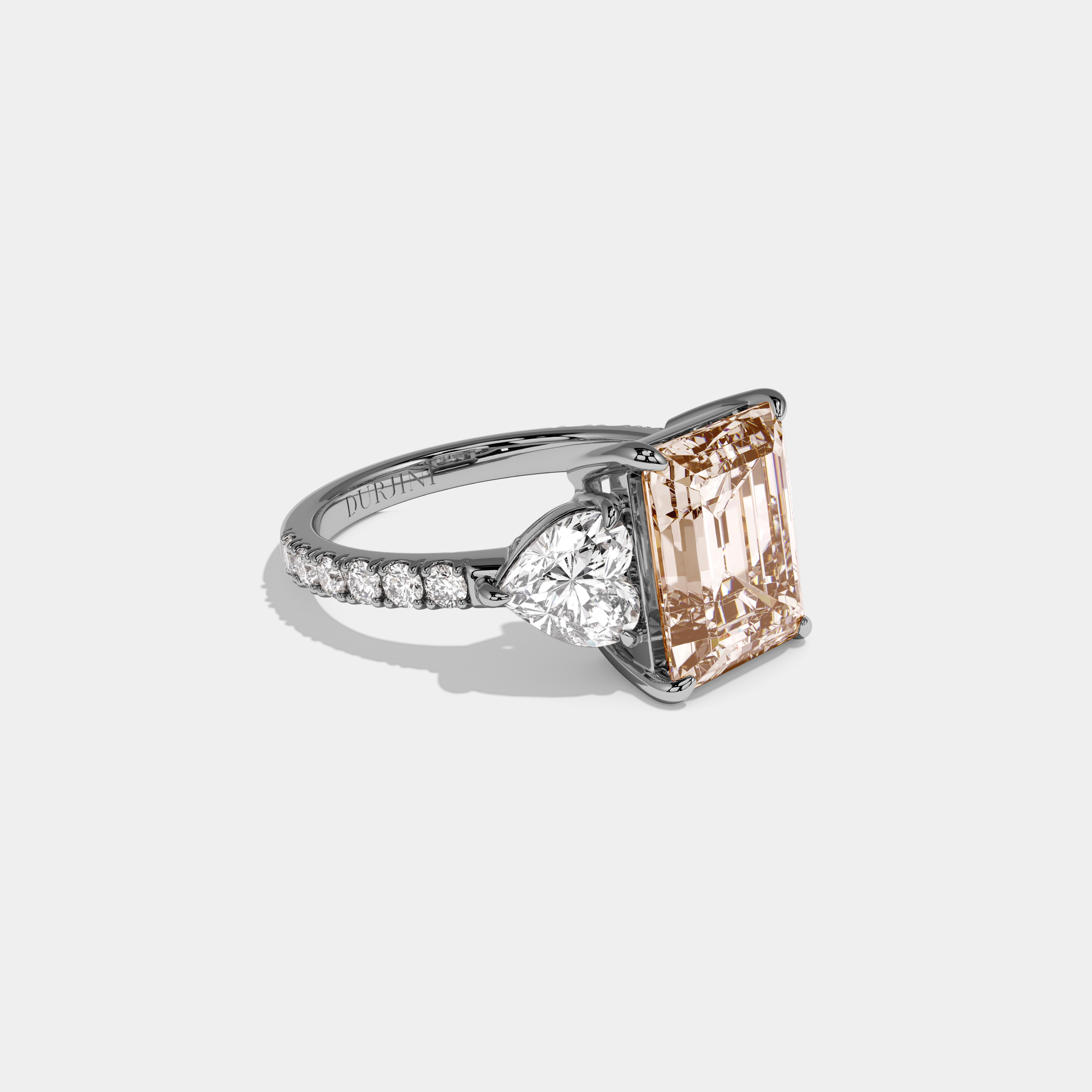 Louisa Fancy Champagne Brown Emerald Cut Diamond Band With Heart Cut Sides Engagement Ring 8ct 18K White Gold