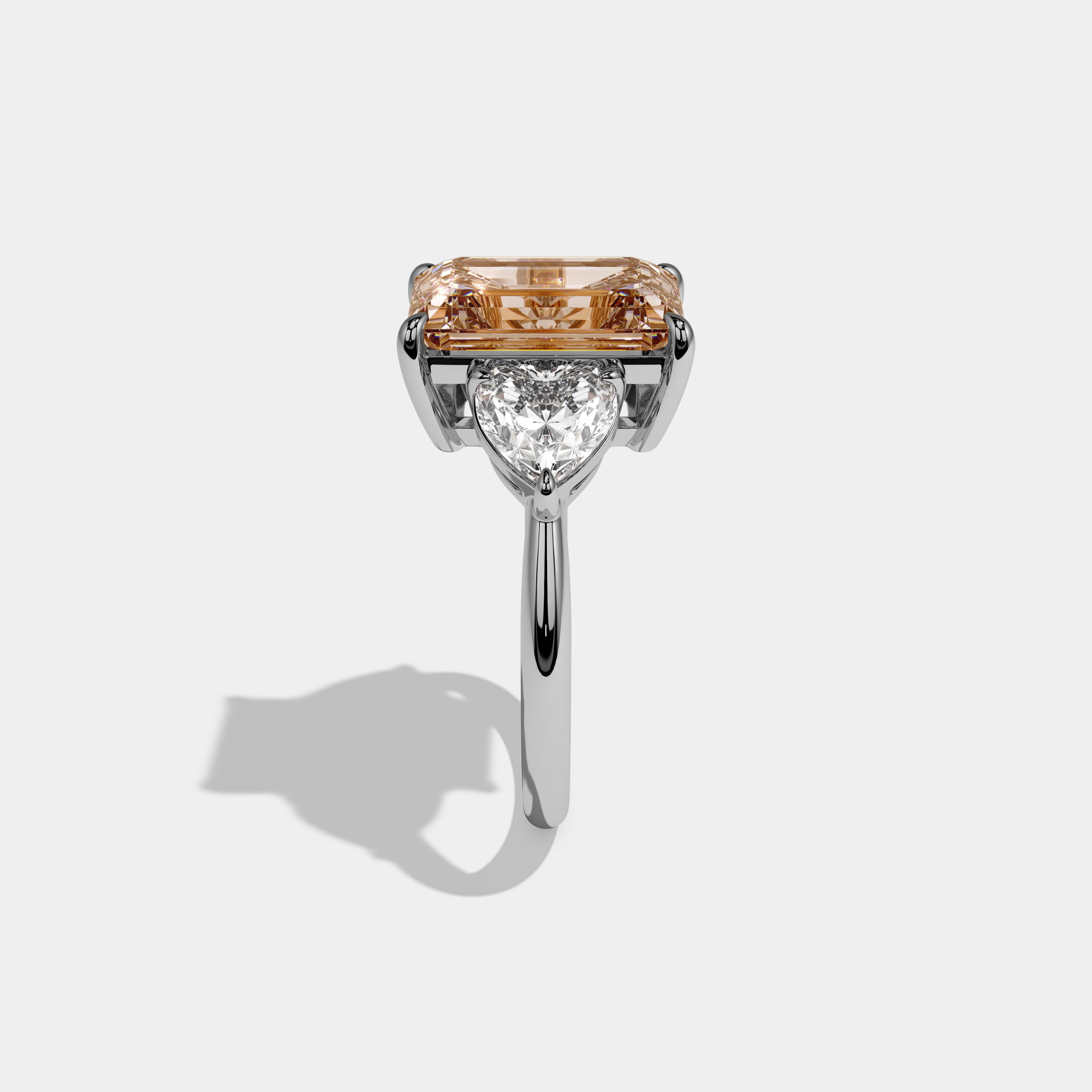 Louisa Fancy Champagne Brown Emerald Cut Diamond Plain Band With Heart Cut Sides Engagement Ring 8ct 18K White Gold