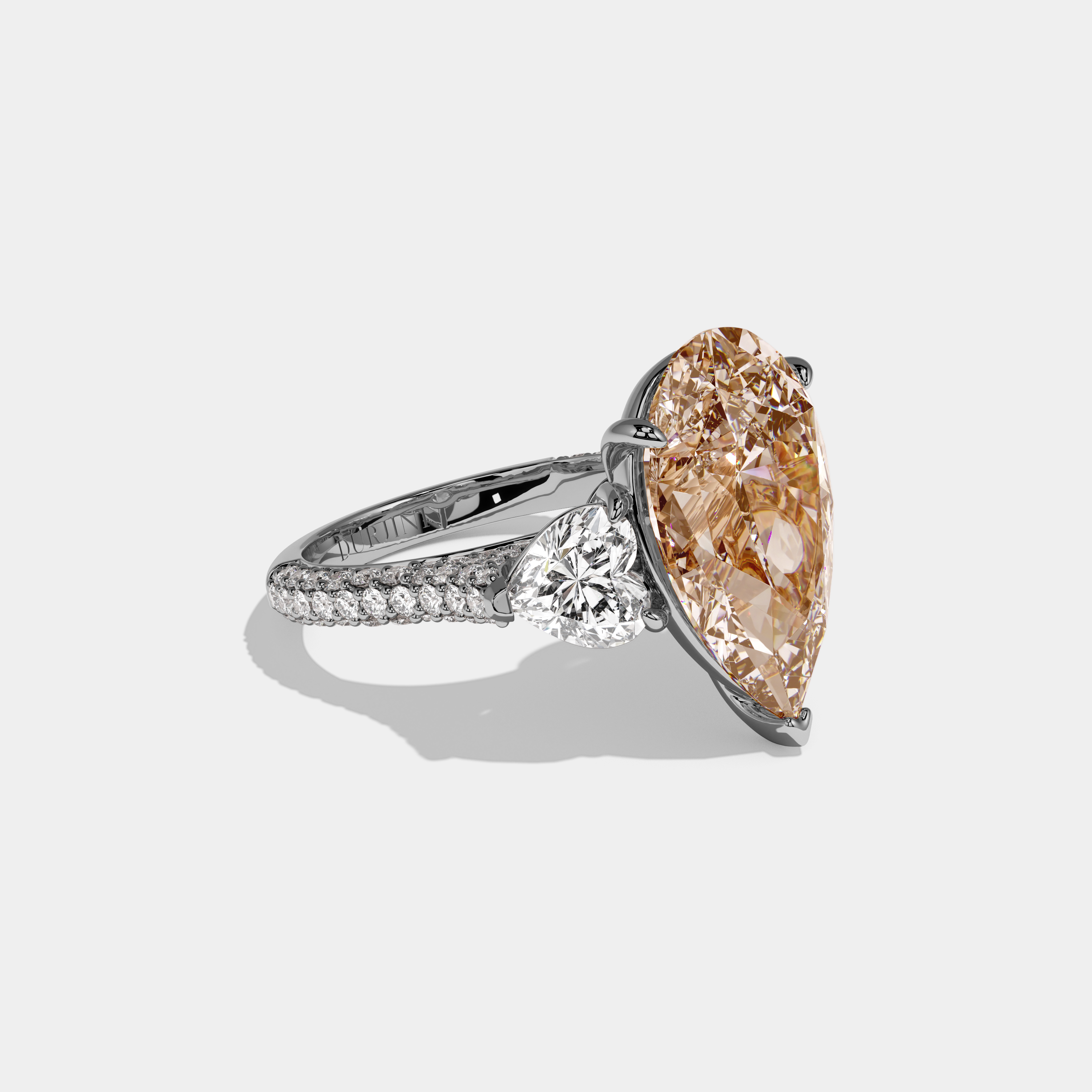 Elizabeth Fancy Champagne Brown Pear Cut Diamond Band With Heart Cut Sides Engagement Ring 9ct 18K White Gold