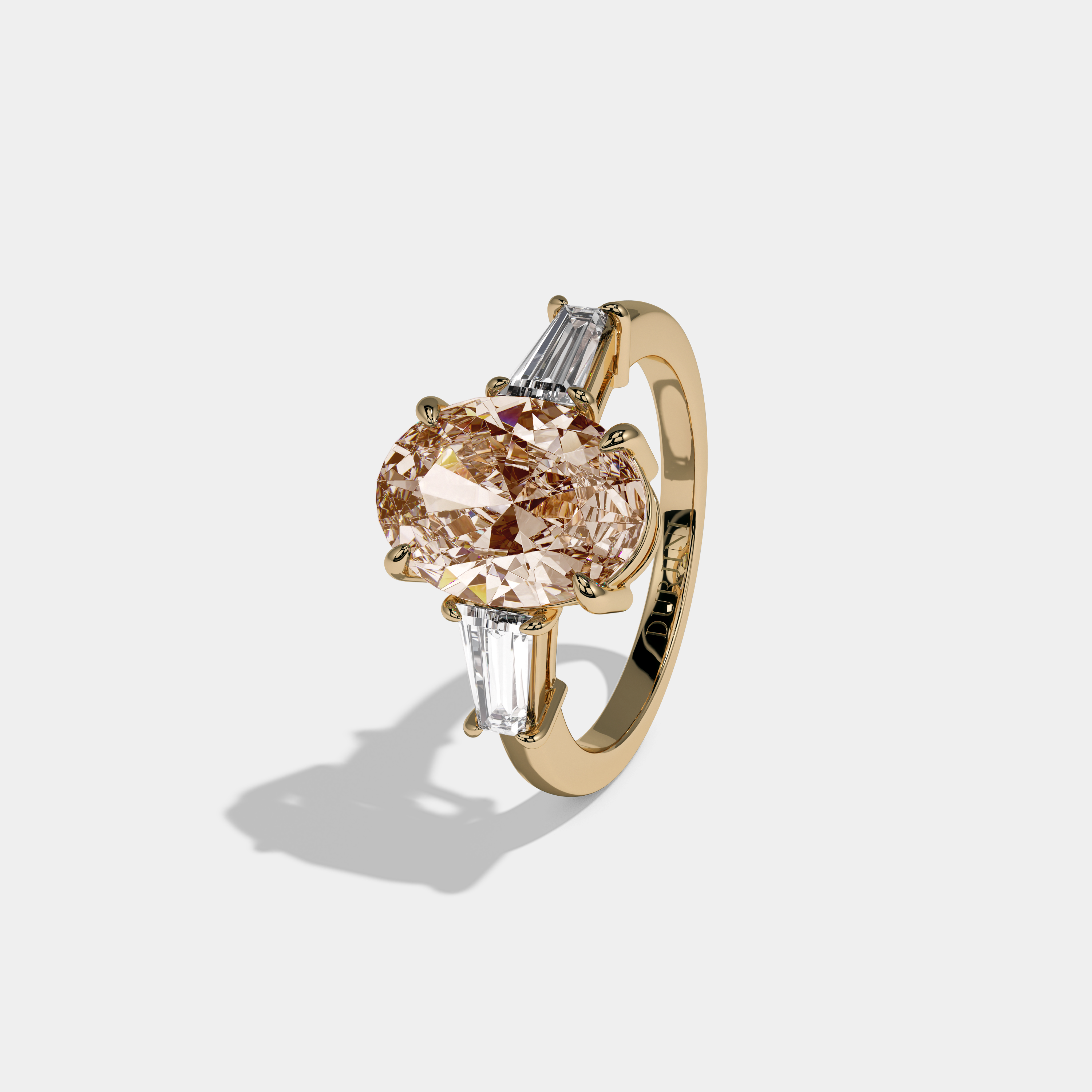 Eleanor Fancy Champagne Brown Oval Cut Diamond Plain Band Engagement Ring With Baguette Cut Sides 6ct 18K Yellow Gold