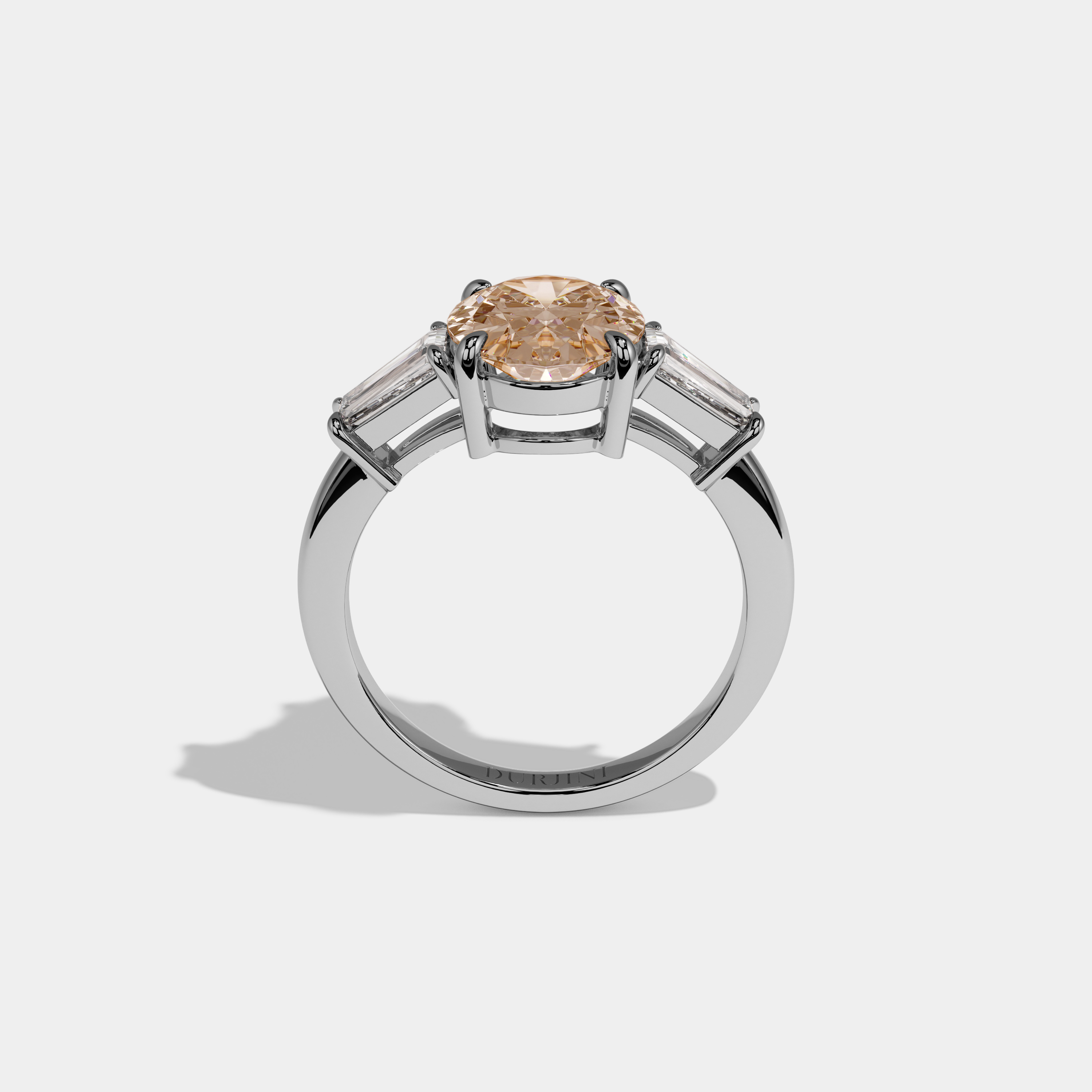 Catherine Fancy Champagne Brown Oval Cut Diamond Plain Band Engagement Ring With Baguette Cut Sides 6ct 18K White Gold