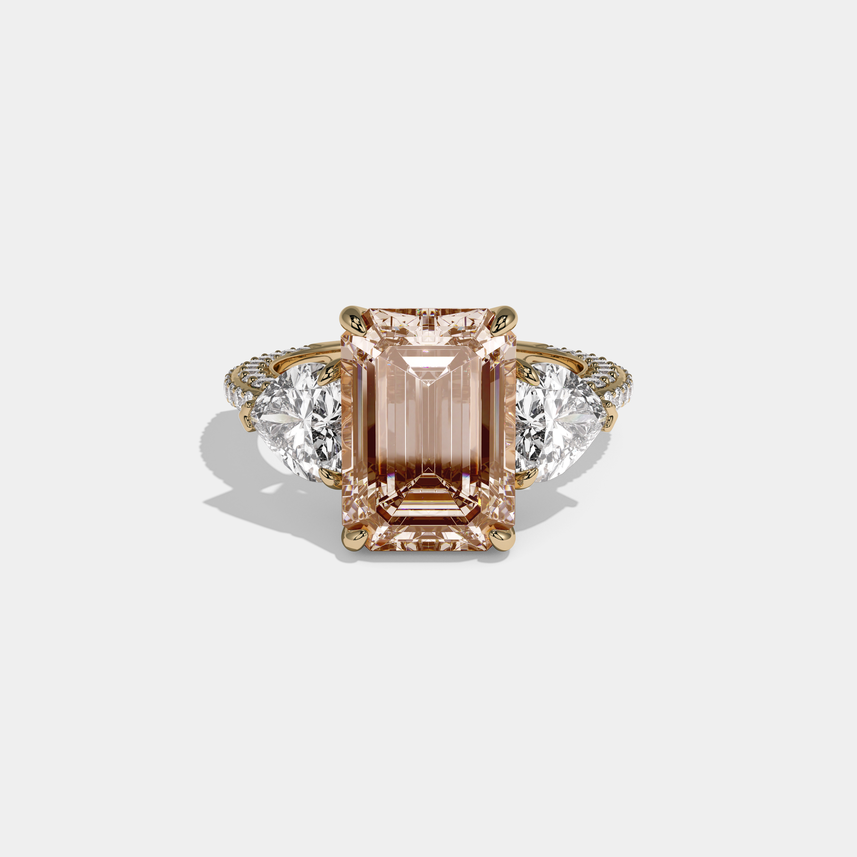 Camilla Fancy Champagne Brown Emerald Cut Diamond Band With Heart Cut Sides Engagement Ring 8ct 18K Yellow Gold