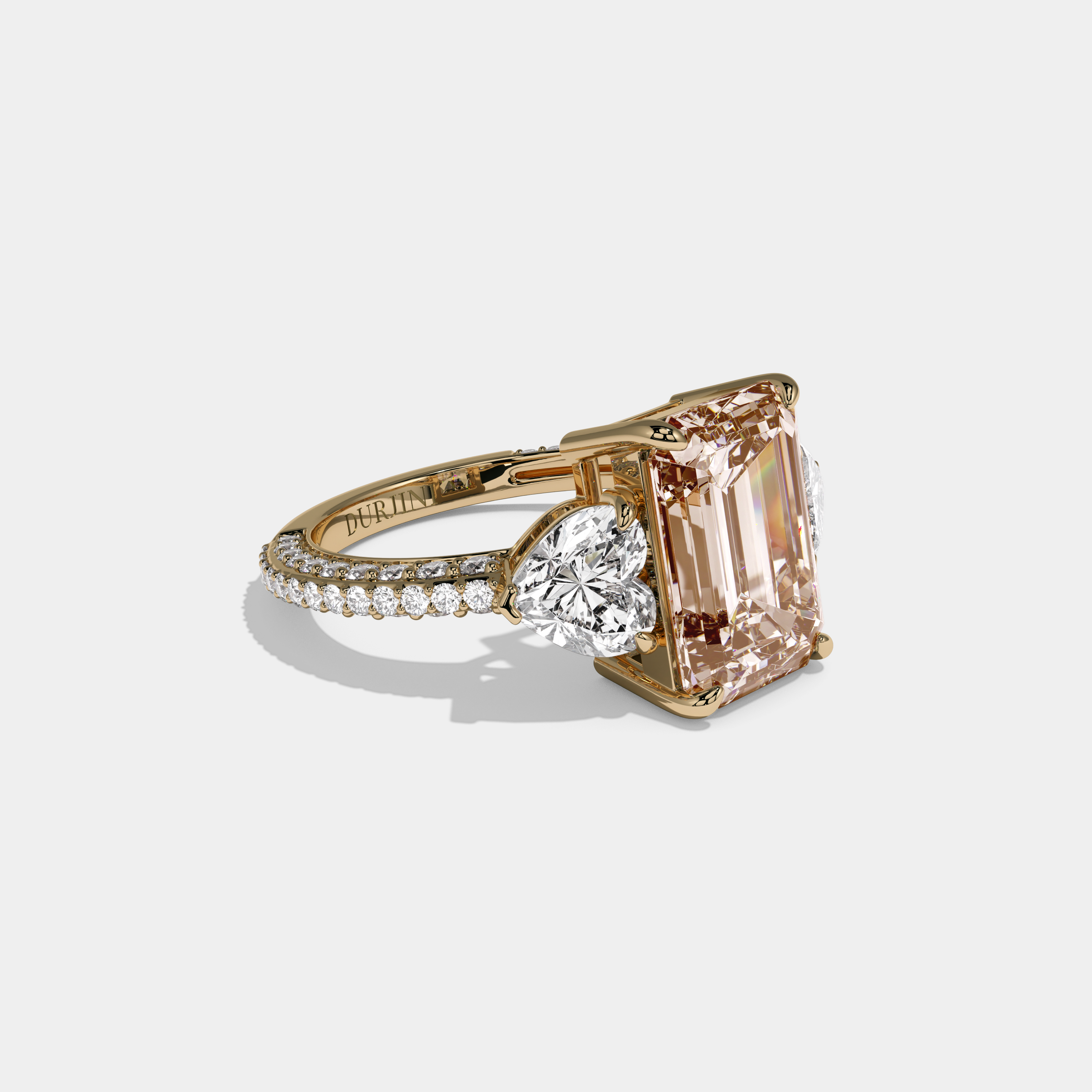 Camilla Fancy Champagne Brown Emerald Cut Diamond Band With Heart Cut Sides Engagement Ring 8ct 18K Yellow Gold