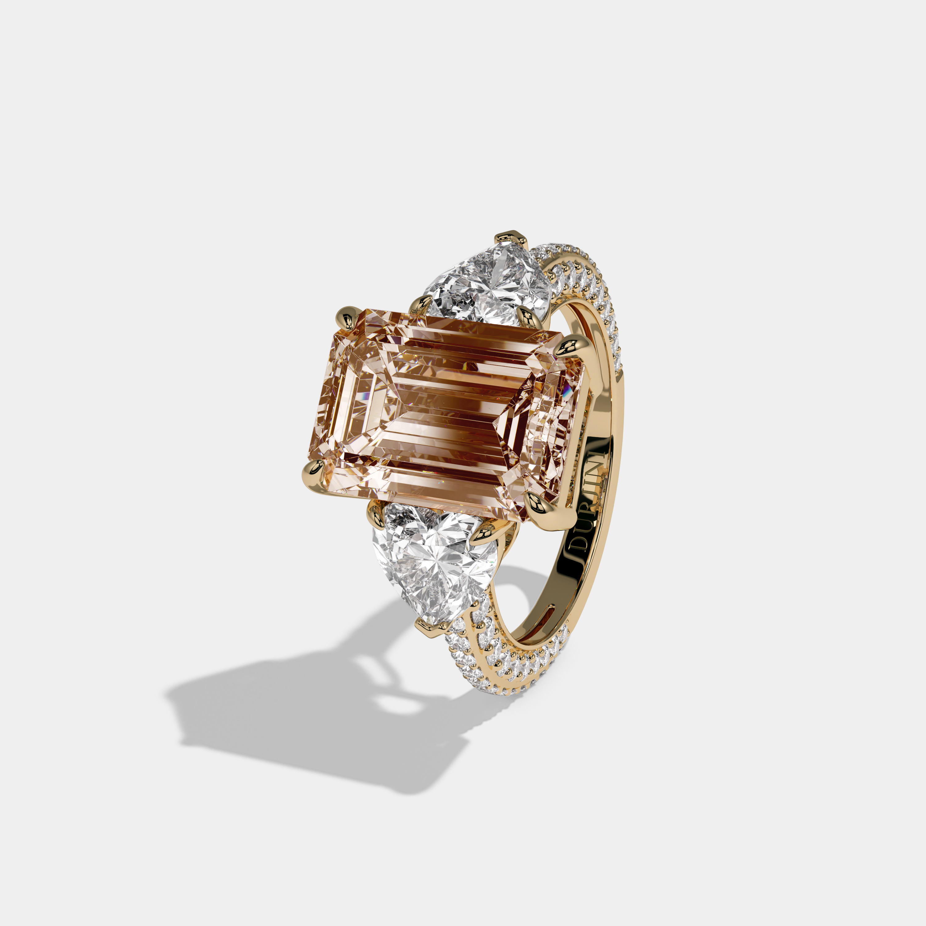 Camilla Fancy Champagne Brown Emerald Cut Diamond Band With Heart Cut Sides Engagement Ring 8ct 18K Yellow Gold