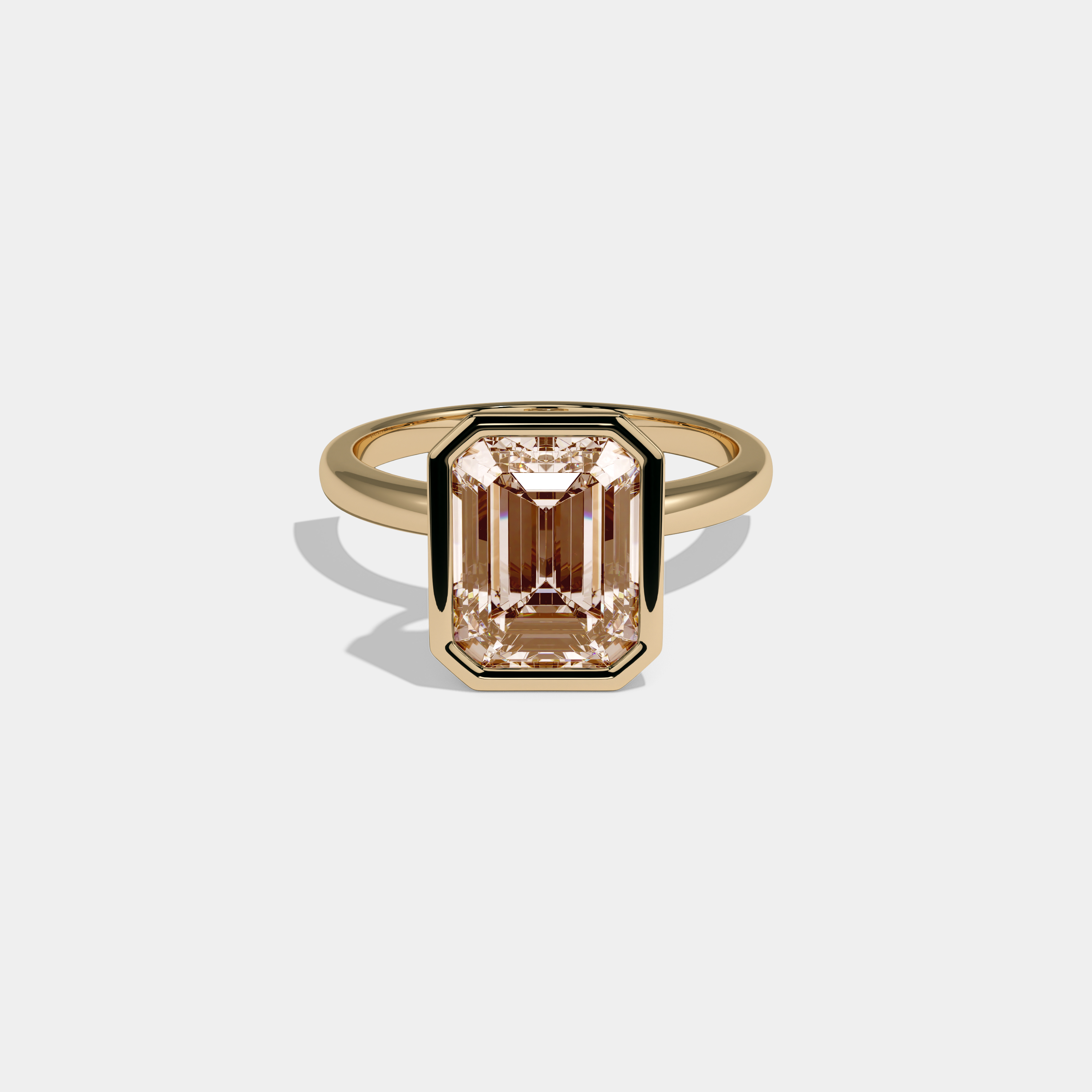 Alexandra Fancy Champagne Brown Emerald Cut Diamond Plain Band Bezel Engagement Ring 5ct 18K Yellow Gold