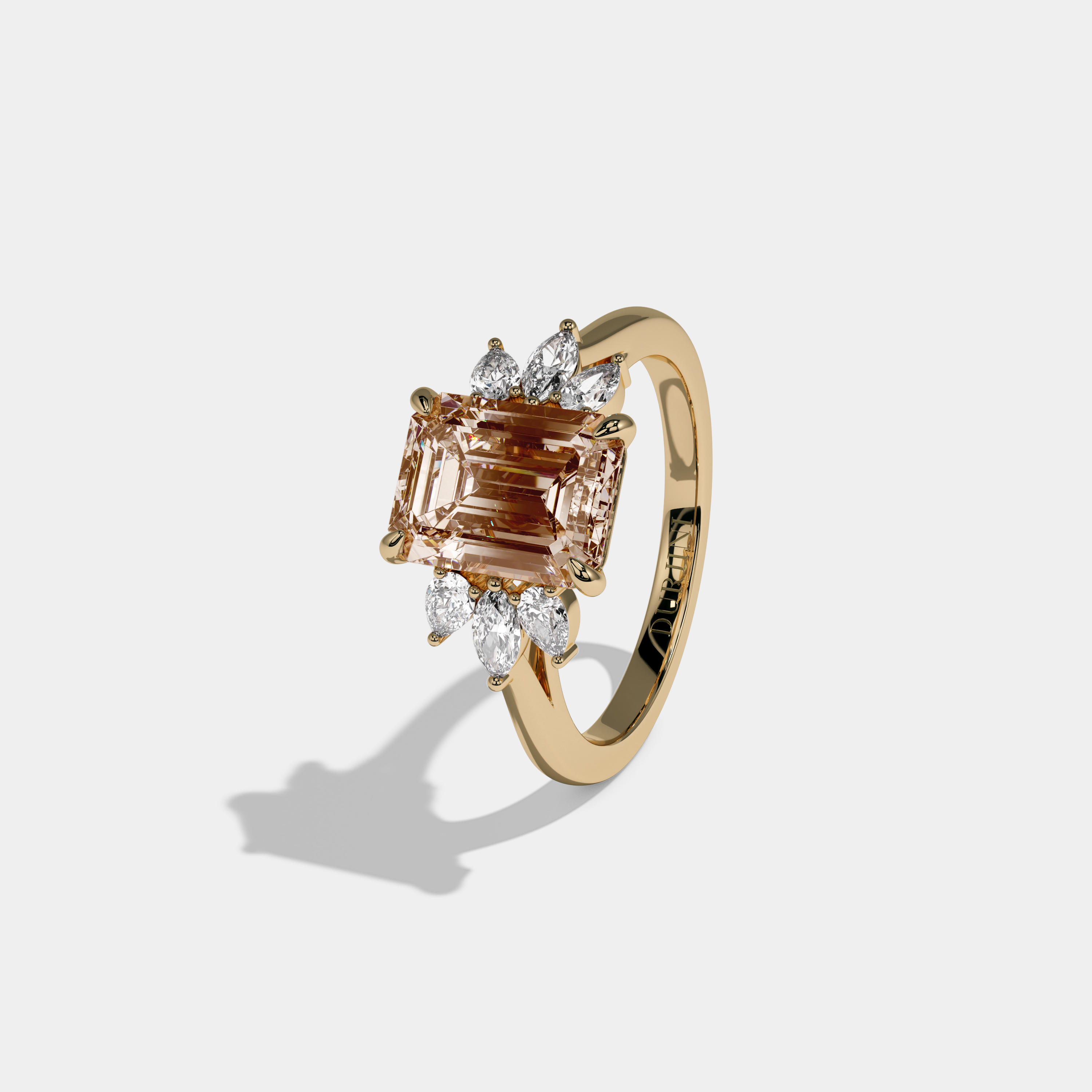 Philippa Fancy Champagne Brown Emerald Cut Diamond Plain Band With Marquise Cut Sides Engagement Ring 6ct 18K Yellow Gold