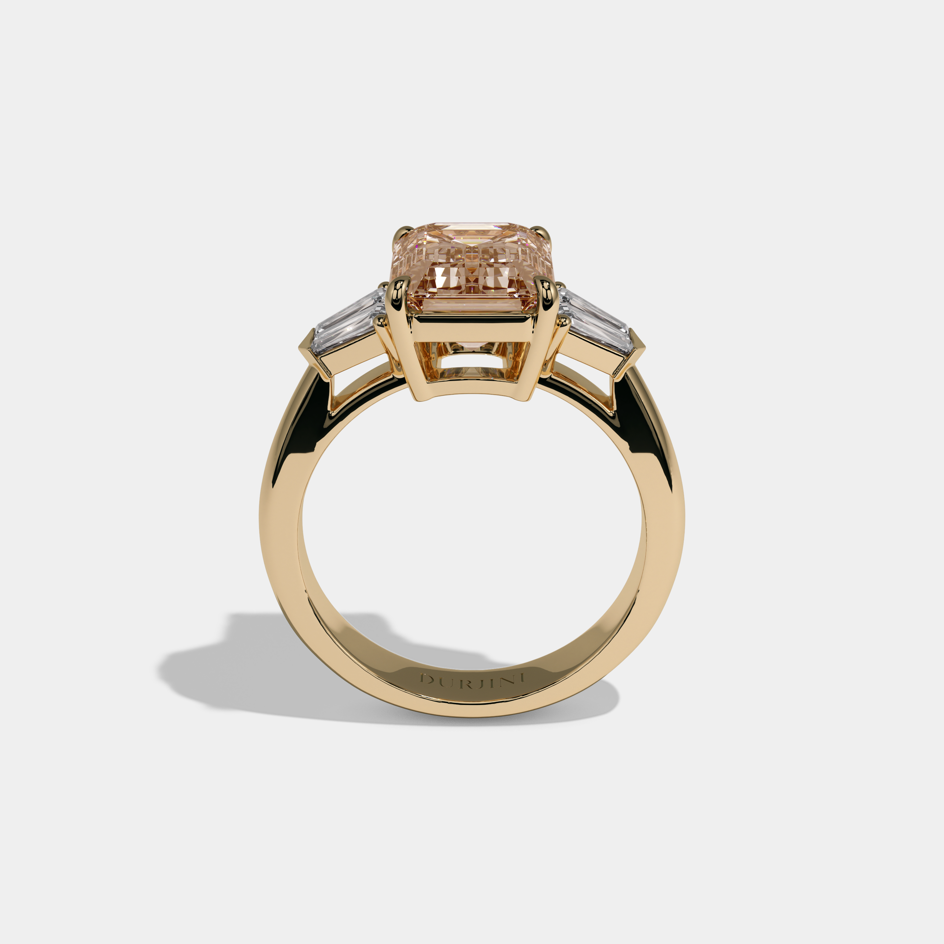 Catherine Fancy Champagne Brown Emerald Cut Diamond Plain Band With Baguette Sides Engagement Ring 6ct 18K Yellow Gold