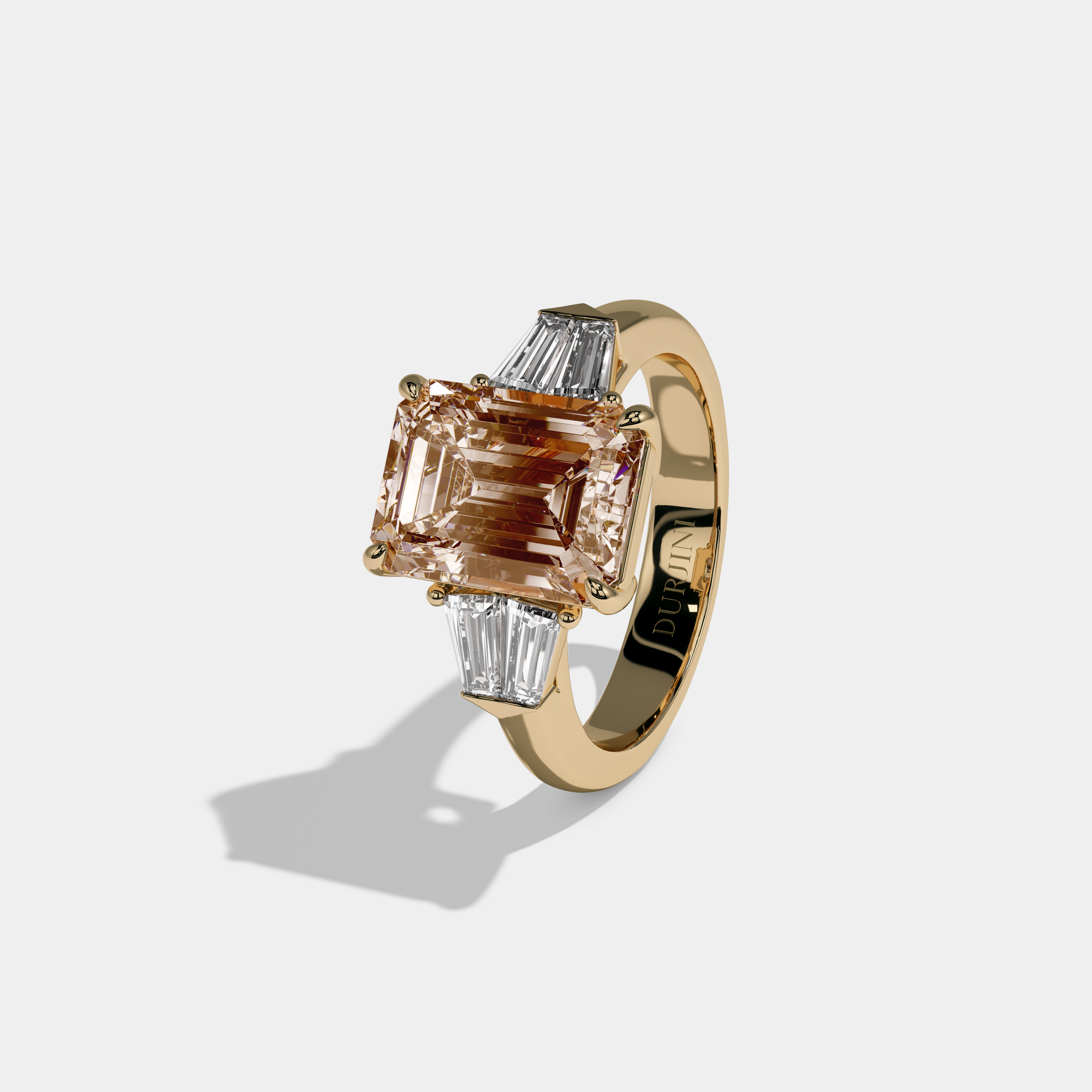 Catherine Fancy Champagne Brown Emerald Cut Diamond Plain Band With Baguette Sides Engagement Ring 6ct 18K Yellow Gold