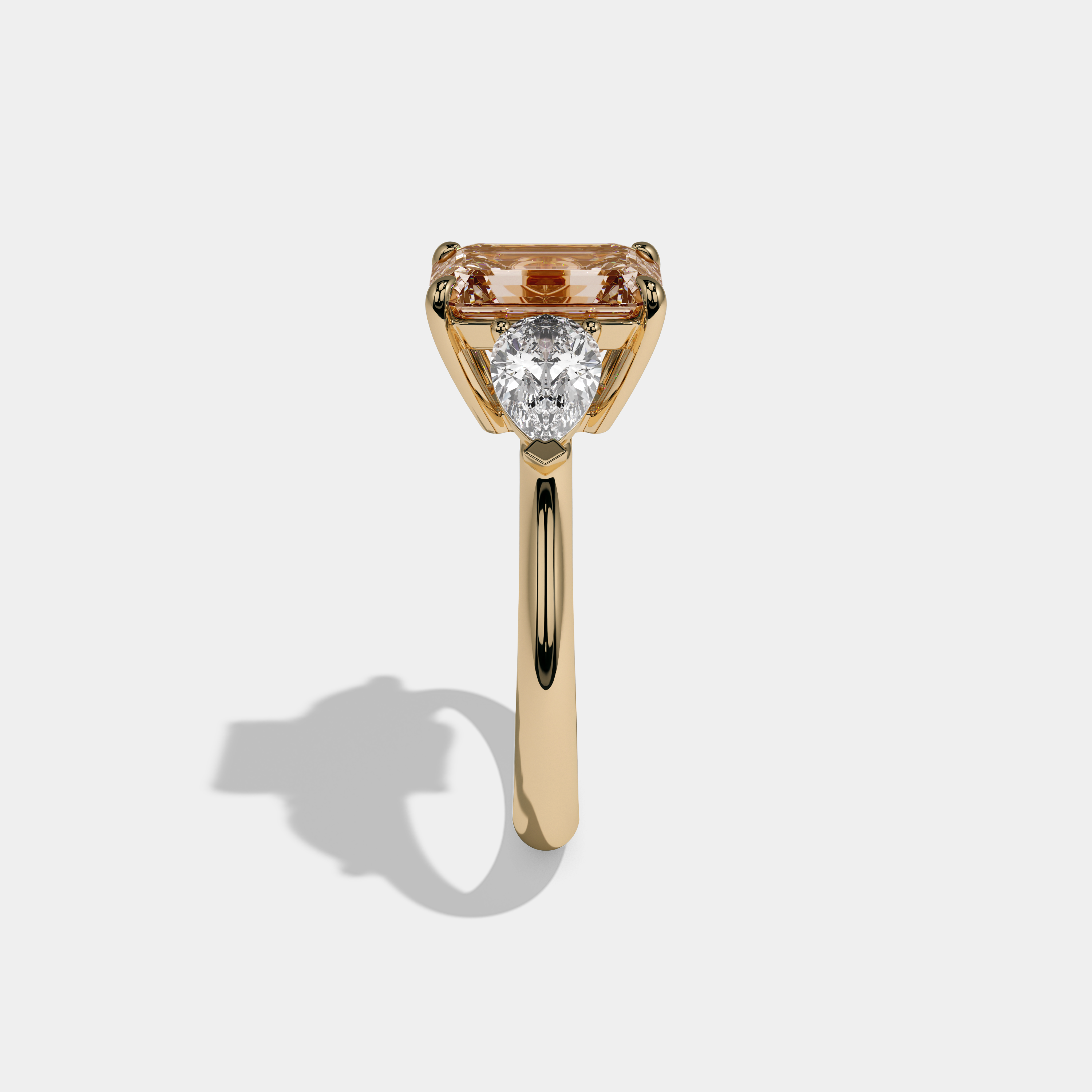 Henrietta Fancy Champagne Brown Emerald Cut Diamond Plain Band With Pear Cut Sides Engagement Ring 6ct 18K Yellow Gold