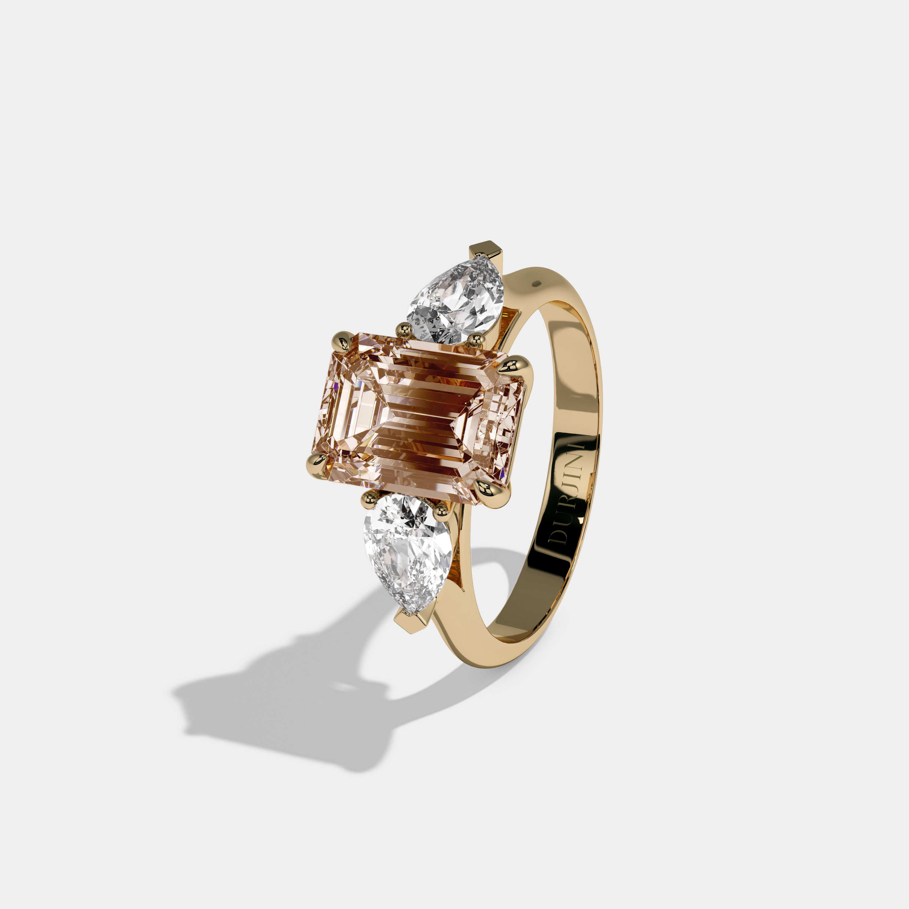 Henrietta Fancy Champagne Brown Emerald Cut Diamond Plain Band With Pear Cut Sides Engagement Ring 6ct 18K Yellow Gold