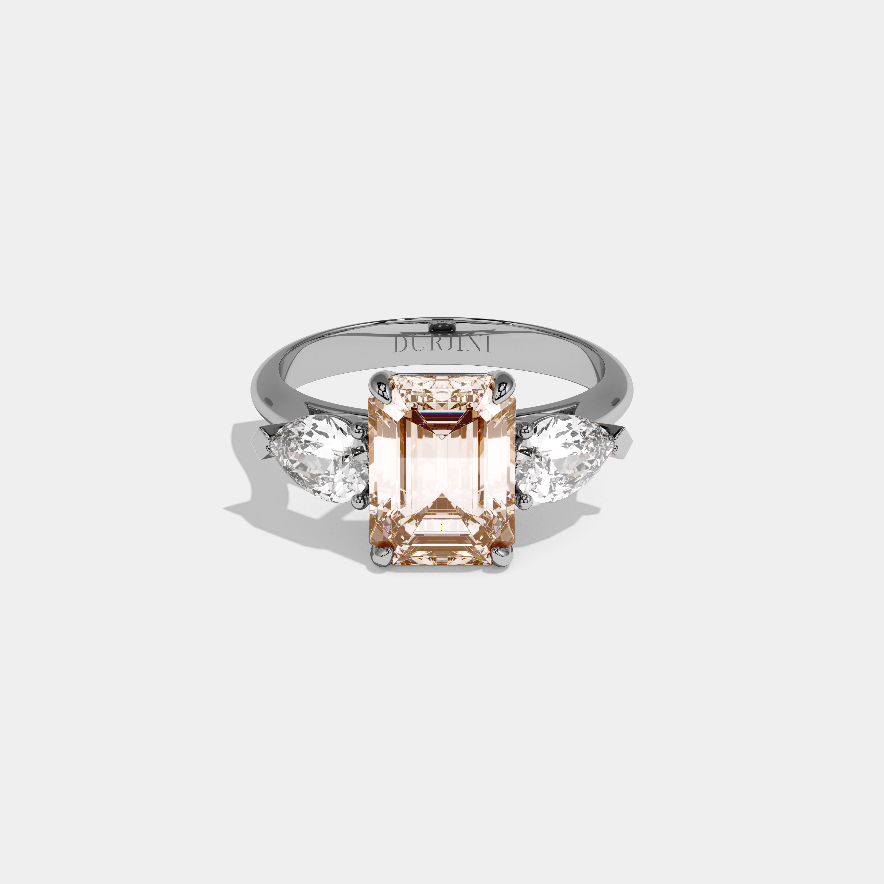 Dorothea Fancy Champagne Brown Emerald Cut Diamond Plain Band With Pear Cut Sides Engagement Ring 6ct 18K White Gold