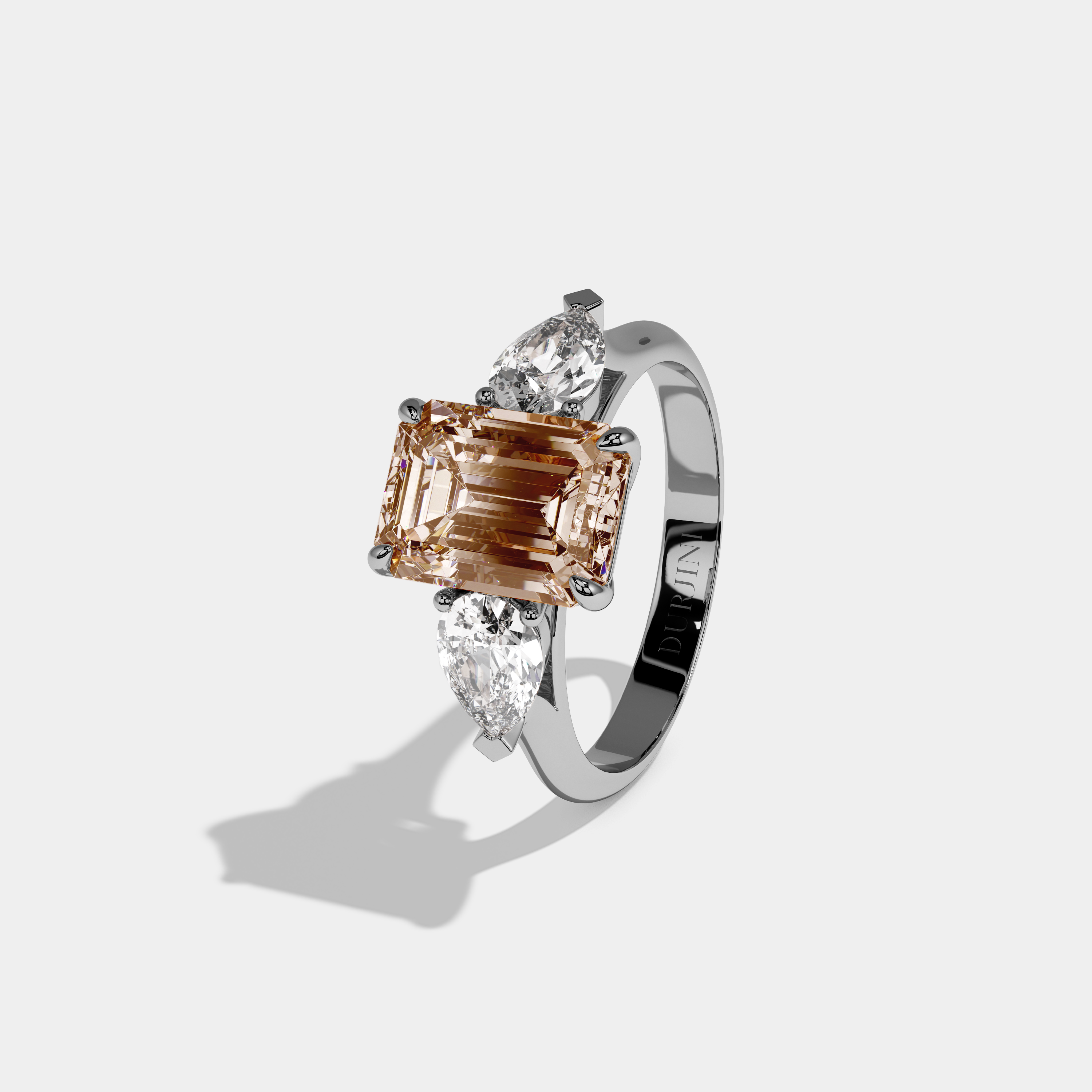 Dorothea Fancy Champagne Brown Emerald Cut Diamond Plain Band With Pear Cut Sides Engagement Ring 6ct 18K White Gold