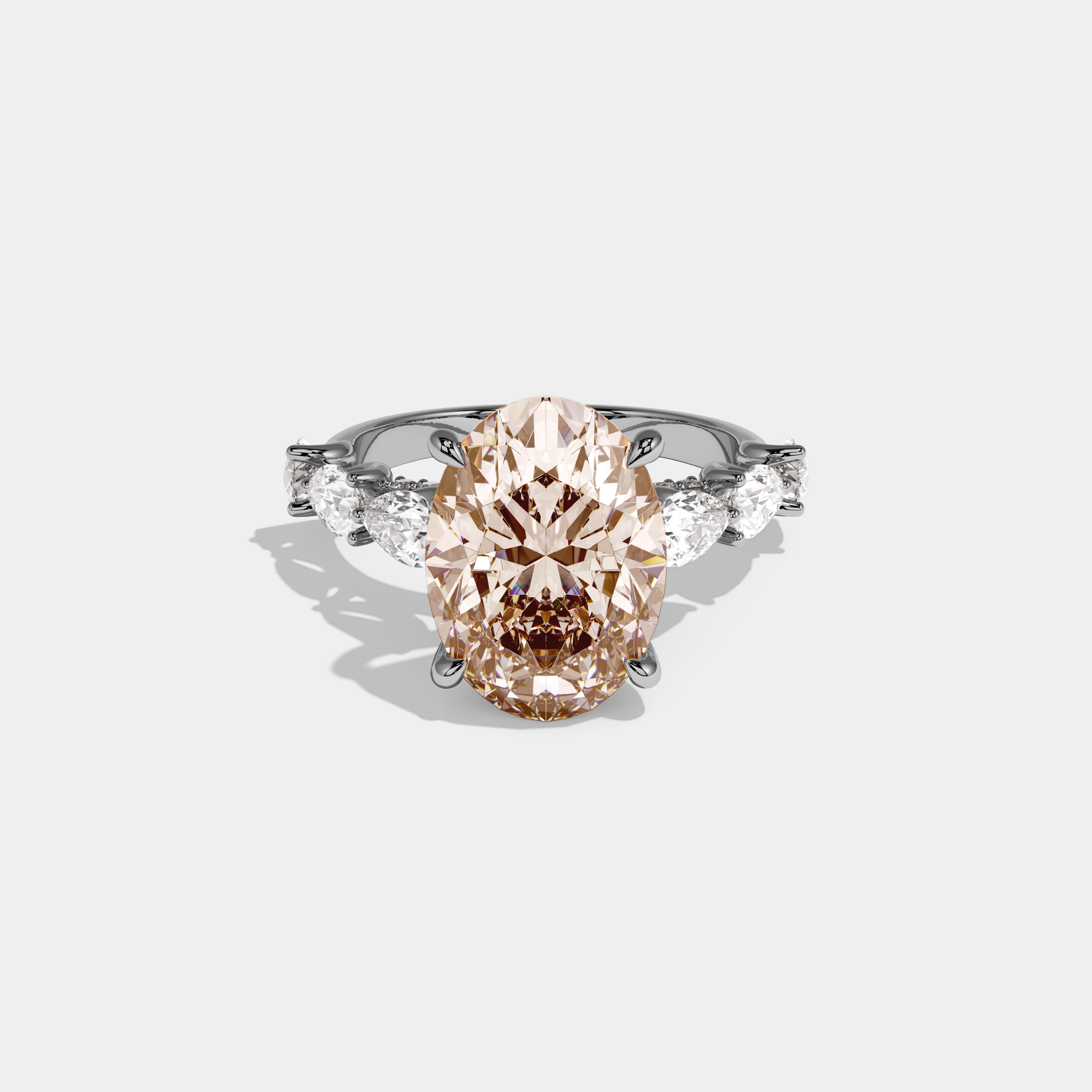 Beatrice Fancy Champagne Brown Oval Cut Diamond Band With Pear Cuts Engagement Ring 6ct 18K White Gold