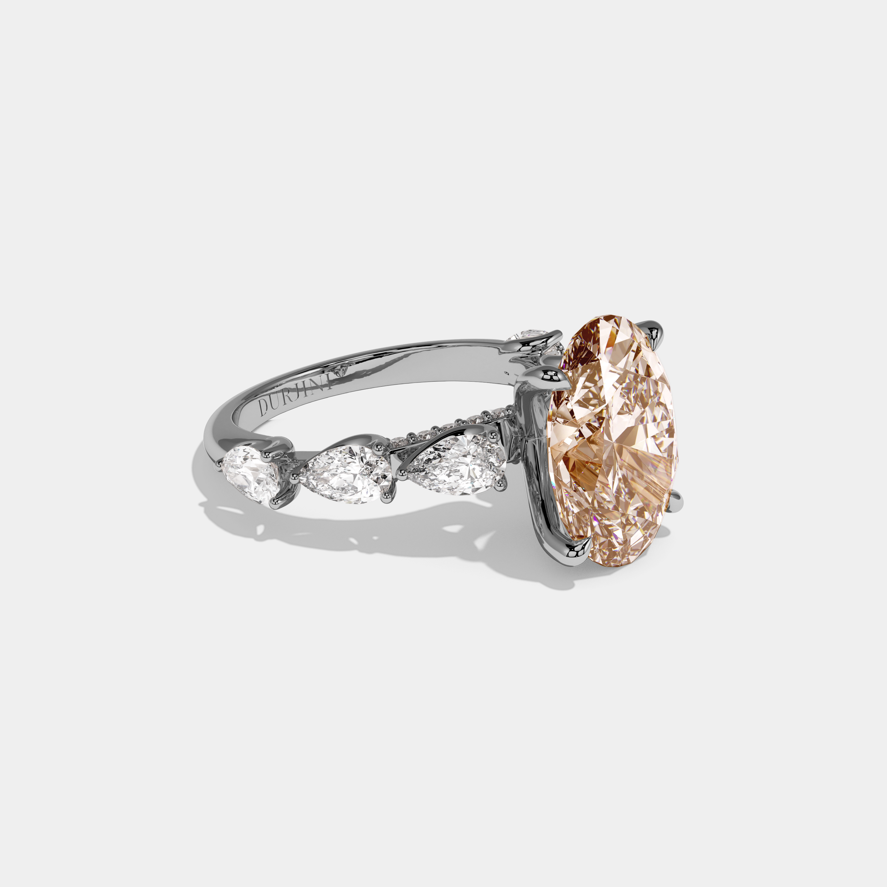 Beatrice Fancy Champagne Brown Oval Cut Diamond Band With Pear Cuts Engagement Ring 6ct 18K White Gold