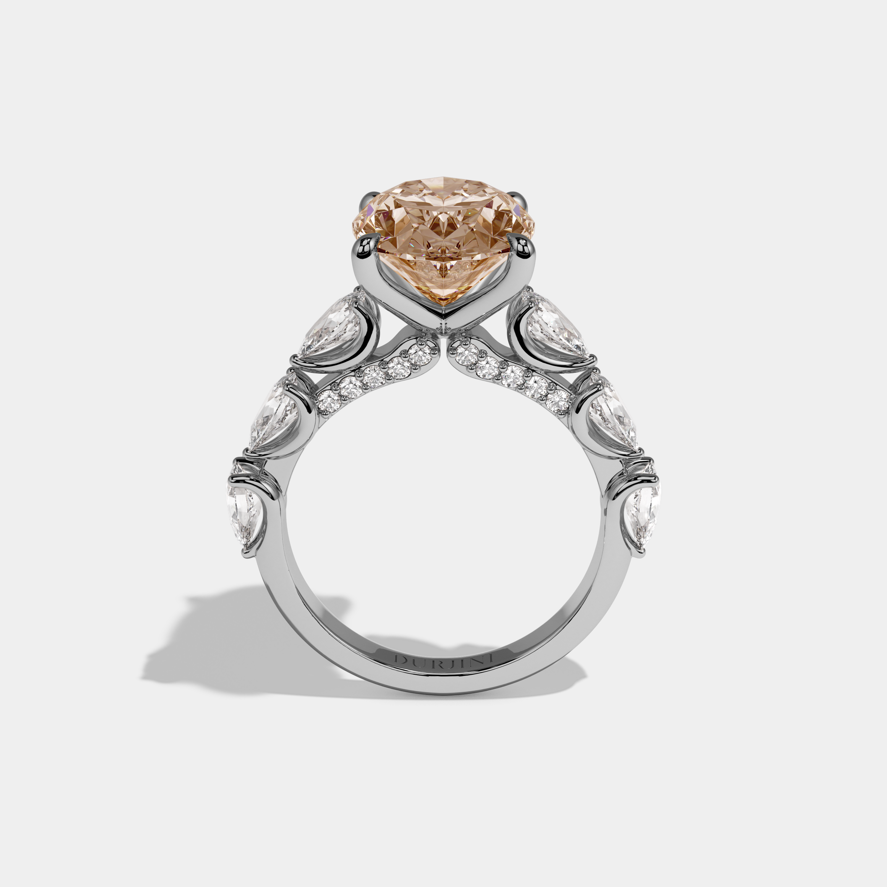 Beatrice Fancy Champagne Brown Oval Cut Diamond Band With Pear Cuts Engagement Ring 6ct 18K White Gold