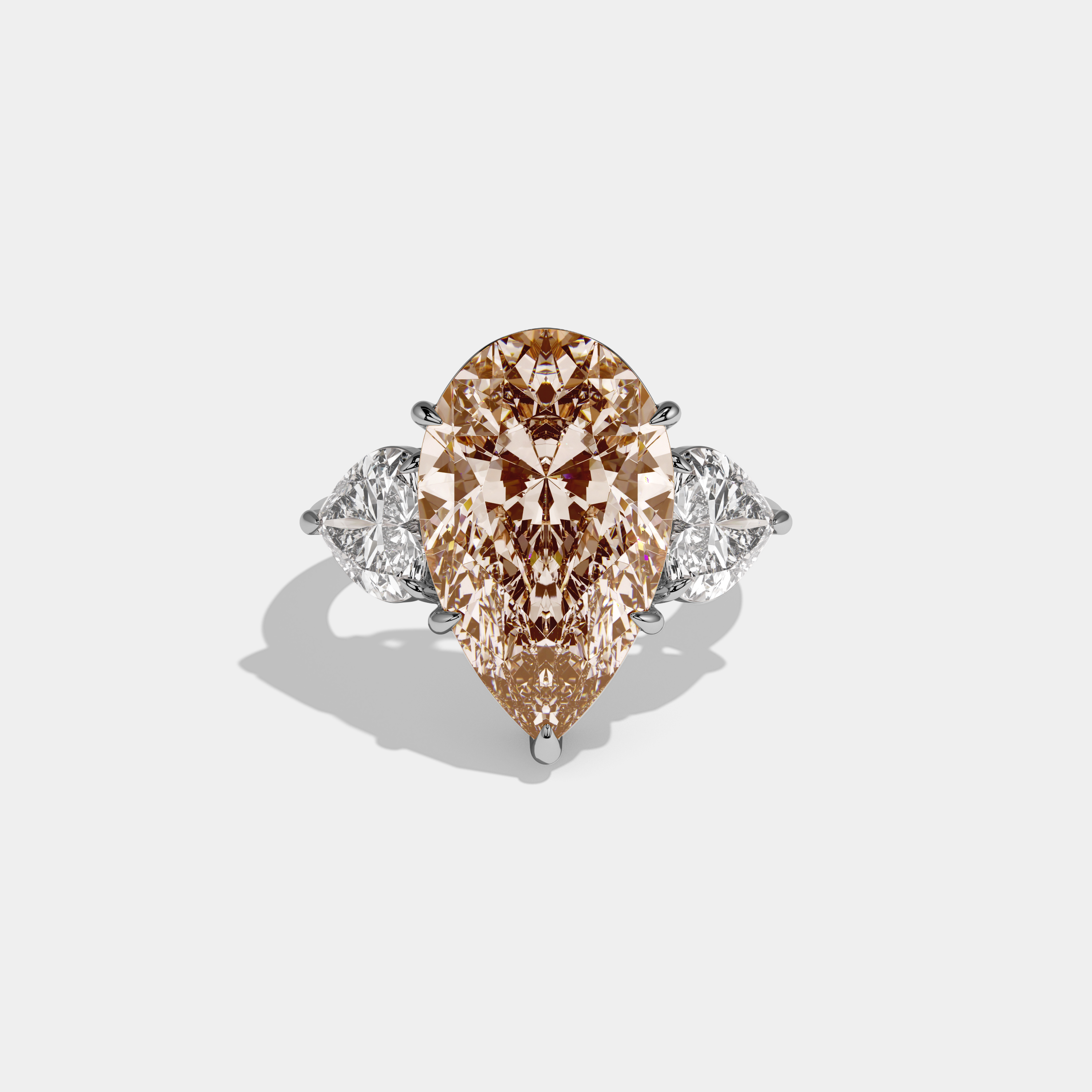 Beatrice Fancy Champagne Brown Pear Cut Diamond Plain Band With Heart Cut Sides Engagement Ring 6ct 18K White Gold