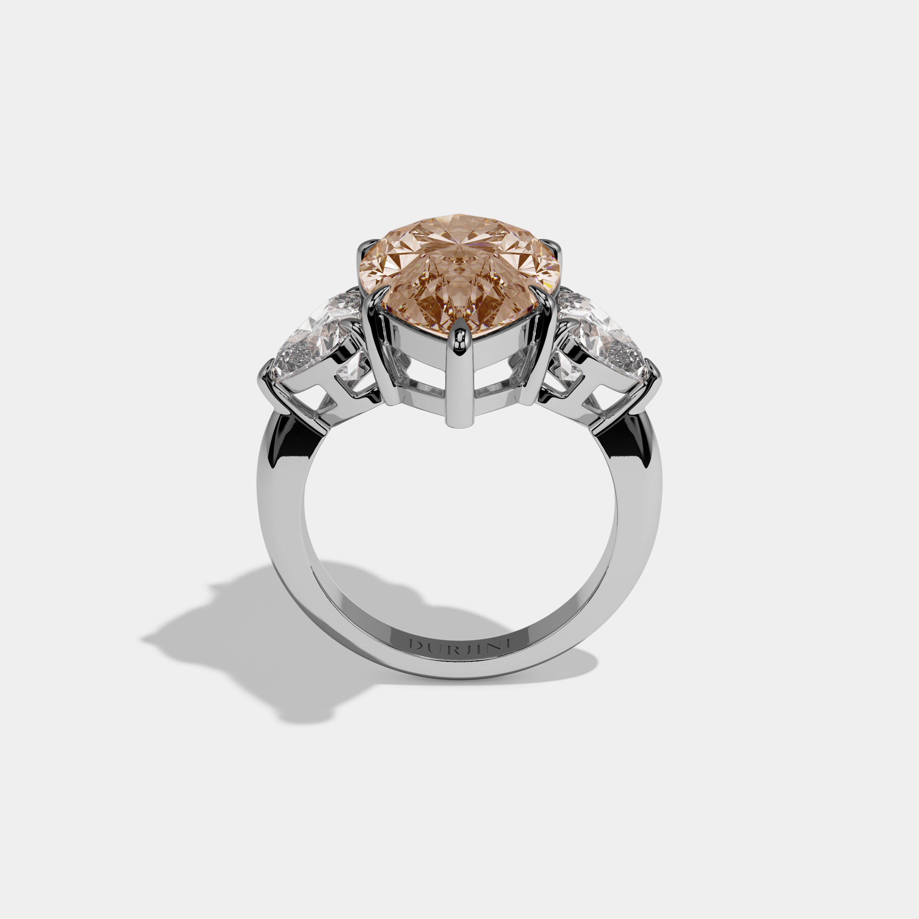 Beatrice Fancy Champagne Brown Pear Cut Diamond Plain Band With Heart Cut Sides Engagement Ring 6ct 18K White Gold