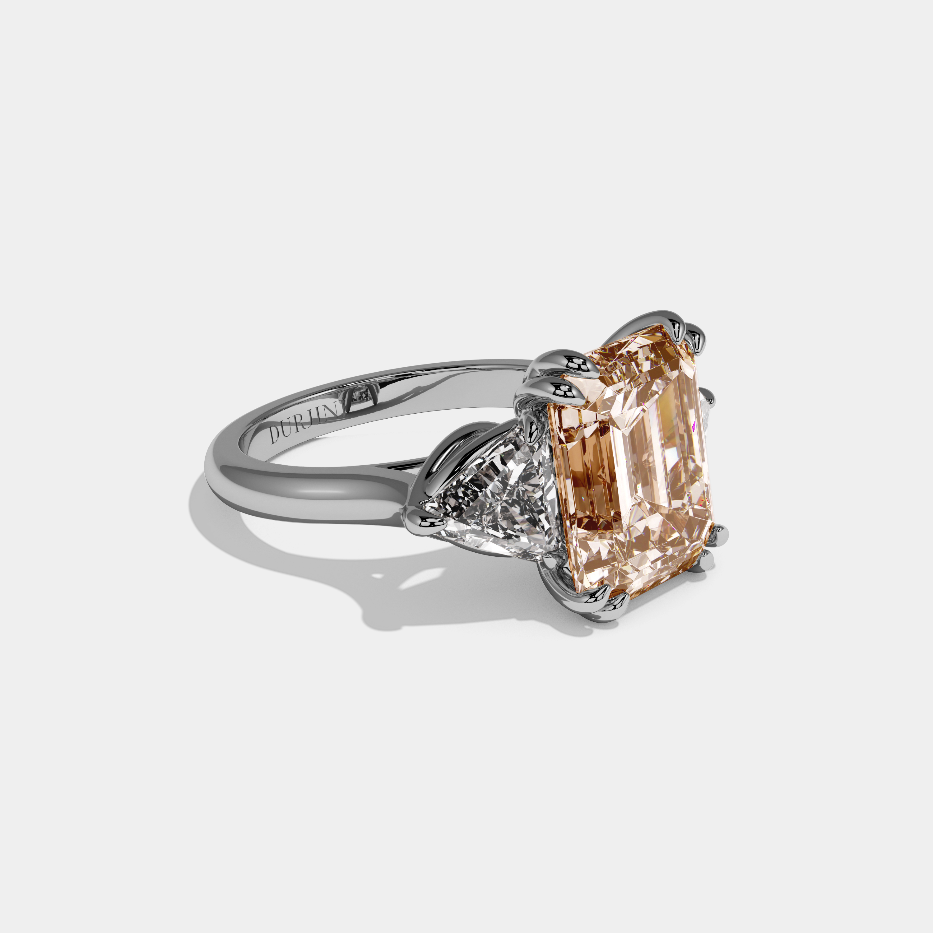 Margaret Fancy Champagne Brown Emerald Cut Diamond Plain Band With Triangle Cuts Engagement Ring 6.5ct 18K White Gold