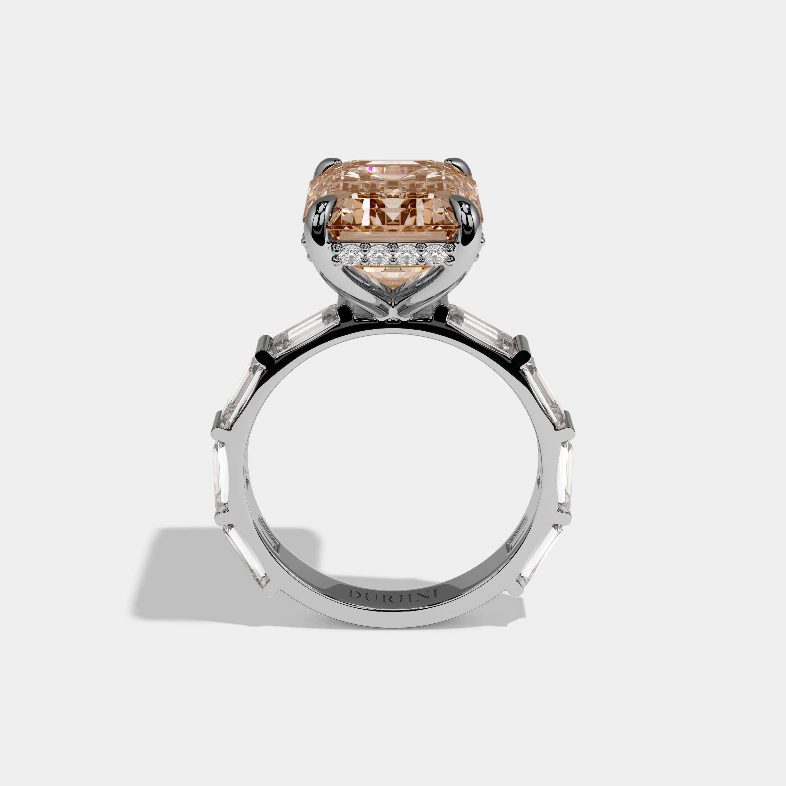 Margaret Fancy Champagne Brown Emerald Cut Diamond Emerald Band Engagement Ring 7ct 18K White Gold