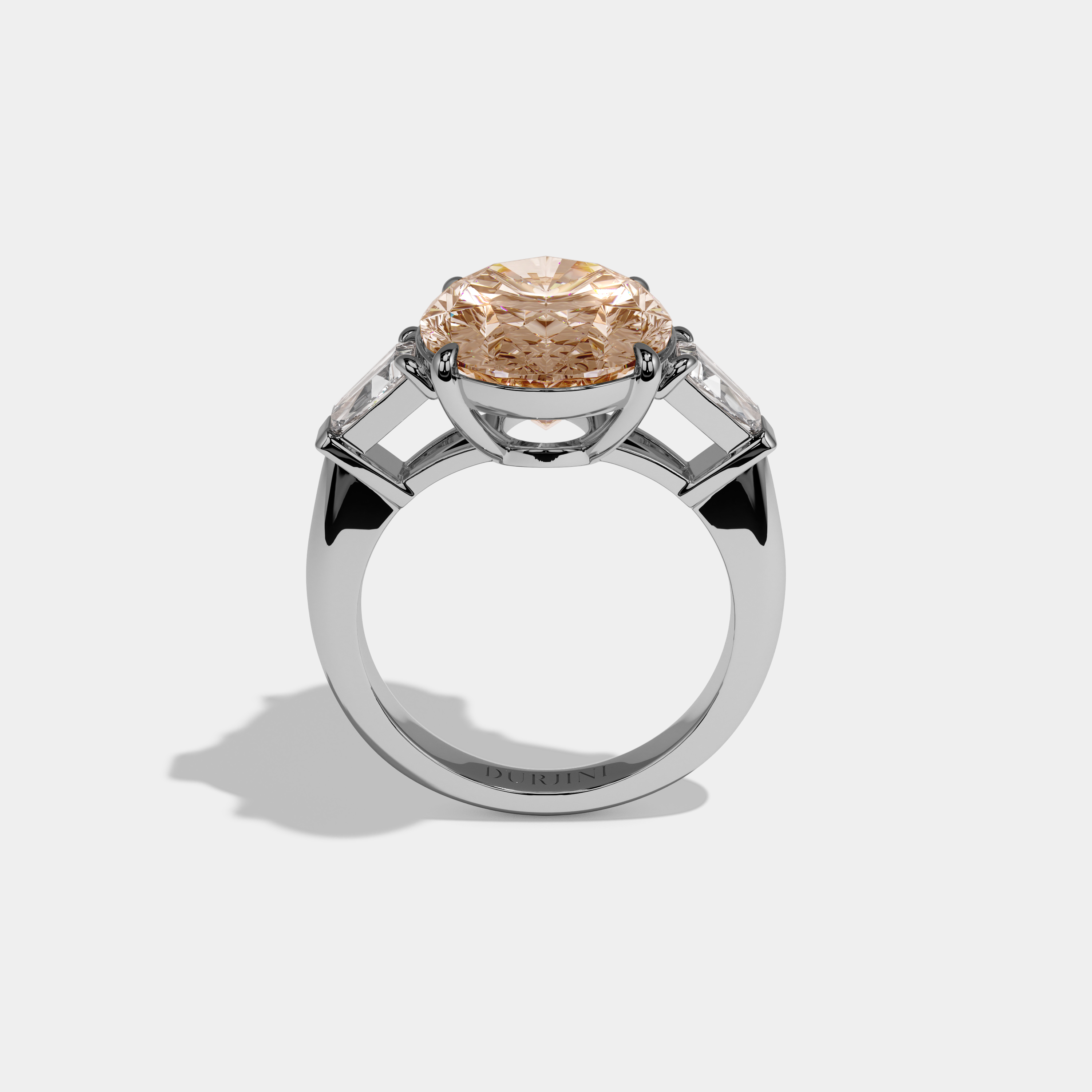 Margaret Fancy Champagne Brown Oval Cut Diamond Plain Band With Tapered Baguette Cut Sides Engagement Ring 8ct 18K White Gold