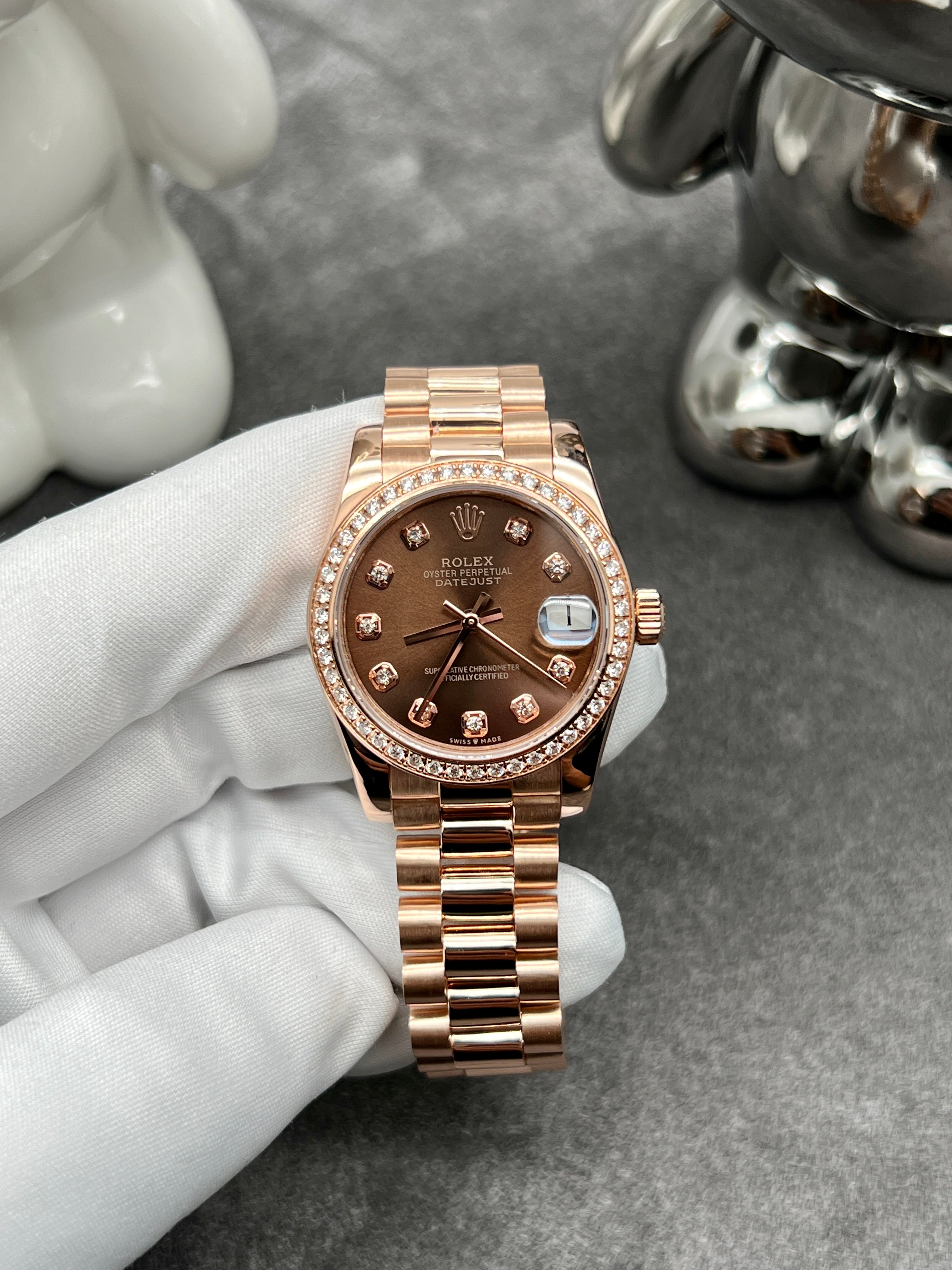 Rolex Chocolate Diamond 18K Everose Gold Women's Wristwatch 28 mm