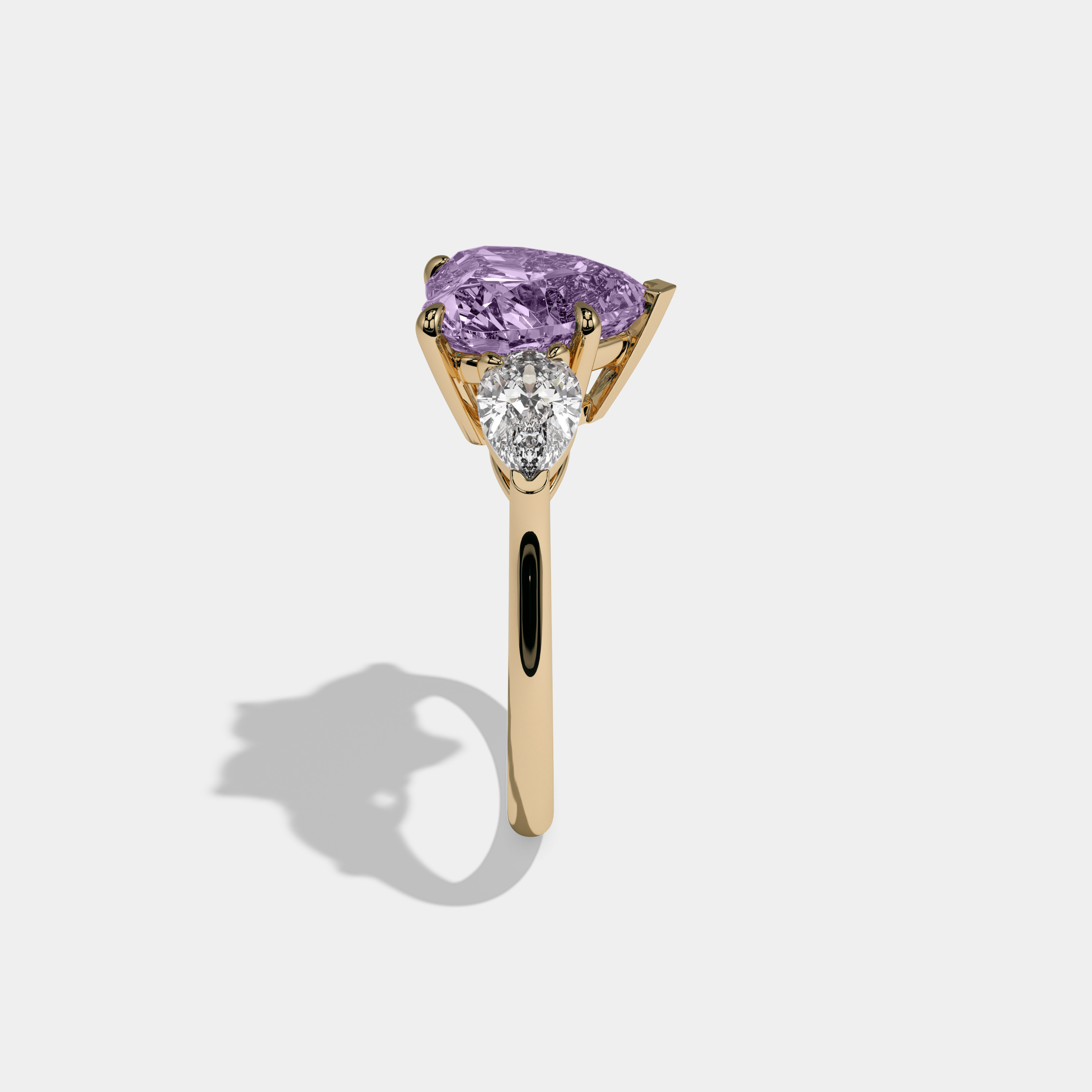 Eugenie Fancy Purple Heart Cut Diamond Plain Band With Pear Cut Sides Engagement Ring 8ct 18K Yellow Gold