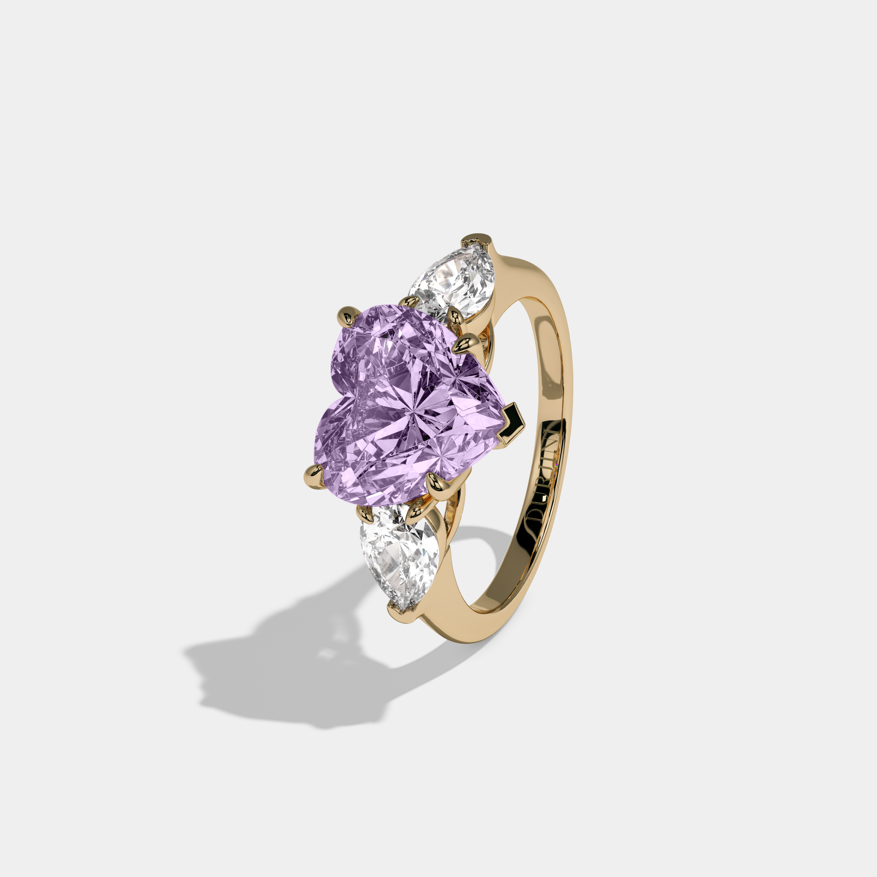Eugenie Fancy Purple Heart Cut Diamond Plain Band With Pear Cut Sides Engagement Ring 8ct 18K Yellow Gold