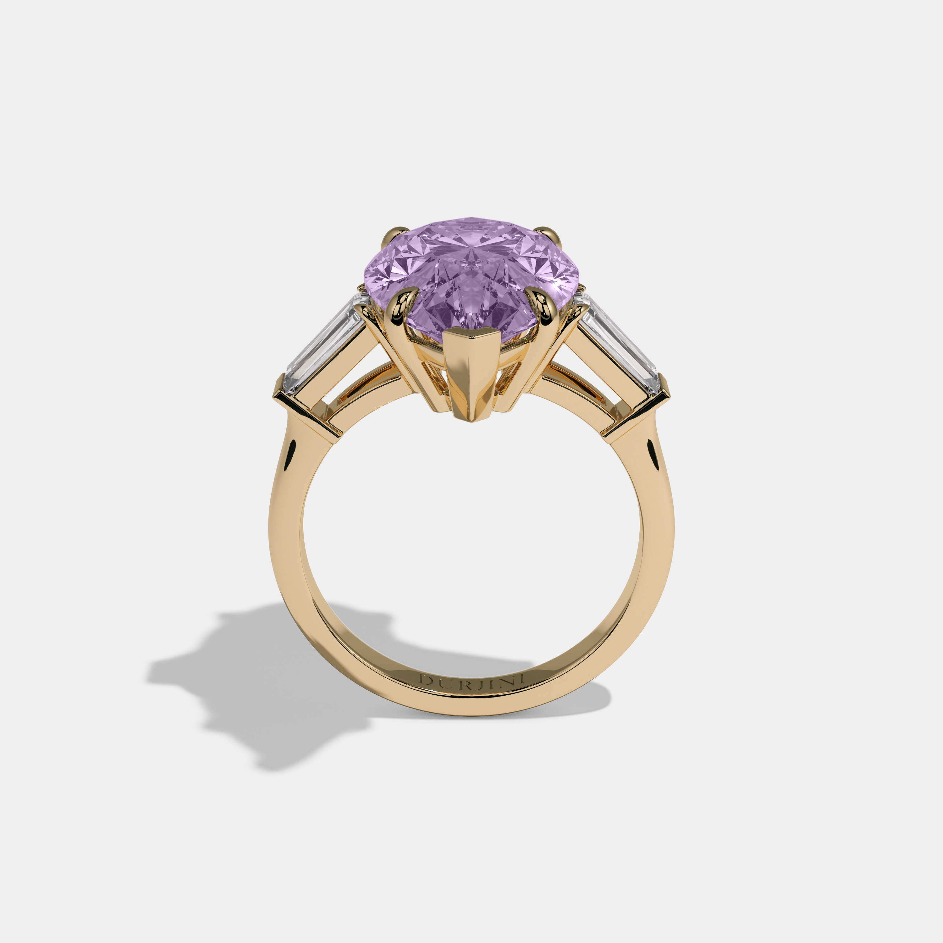 Margaret Fancy Purple Pear Cut Diamond Plain Band With Baguette Cut Sides Engagement Ring 8ct 18k Yellow Gold