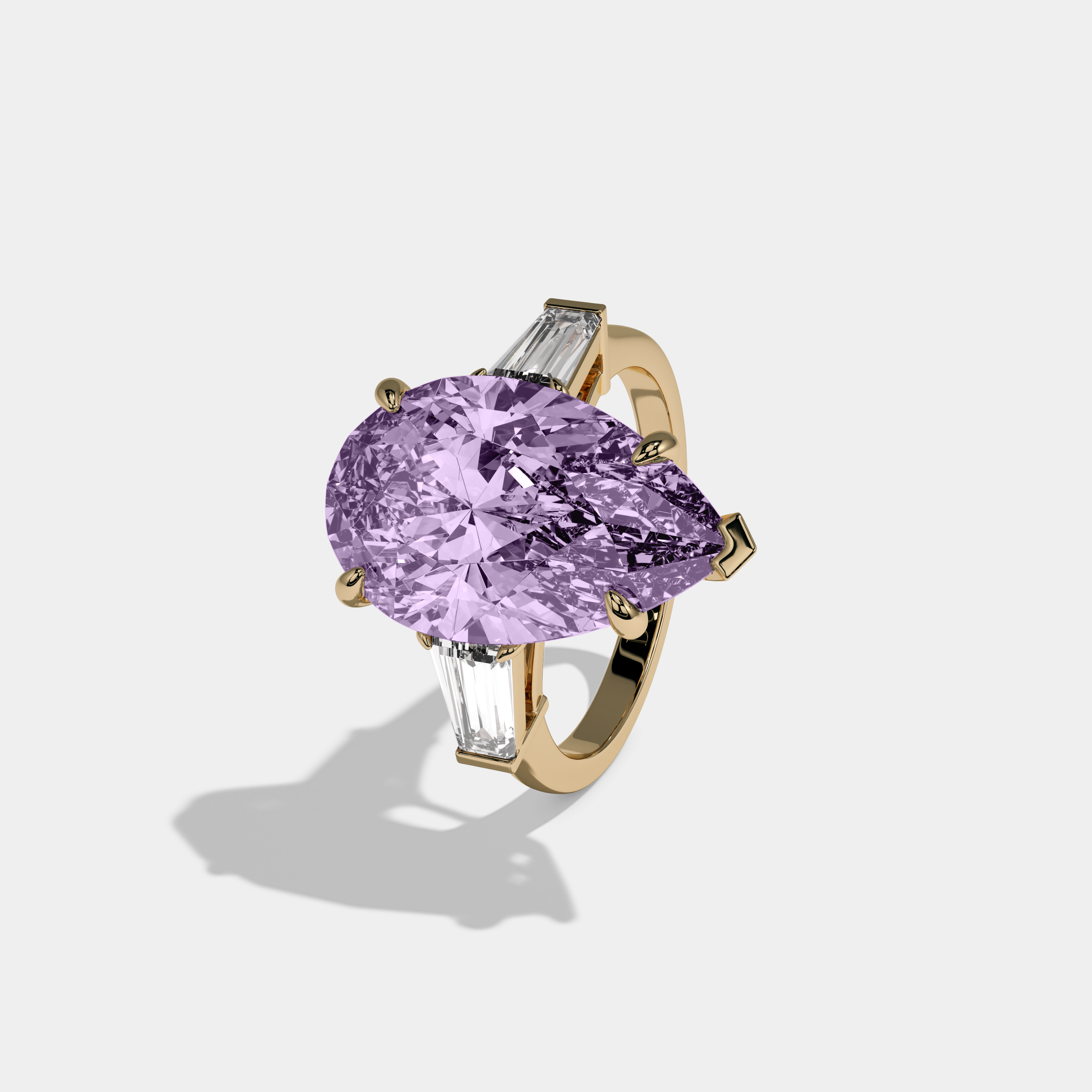 Margaret Fancy Purple Pear Cut Diamond Plain Band With Baguette Cut Sides Engagement Ring 8ct 18k Yellow Gold